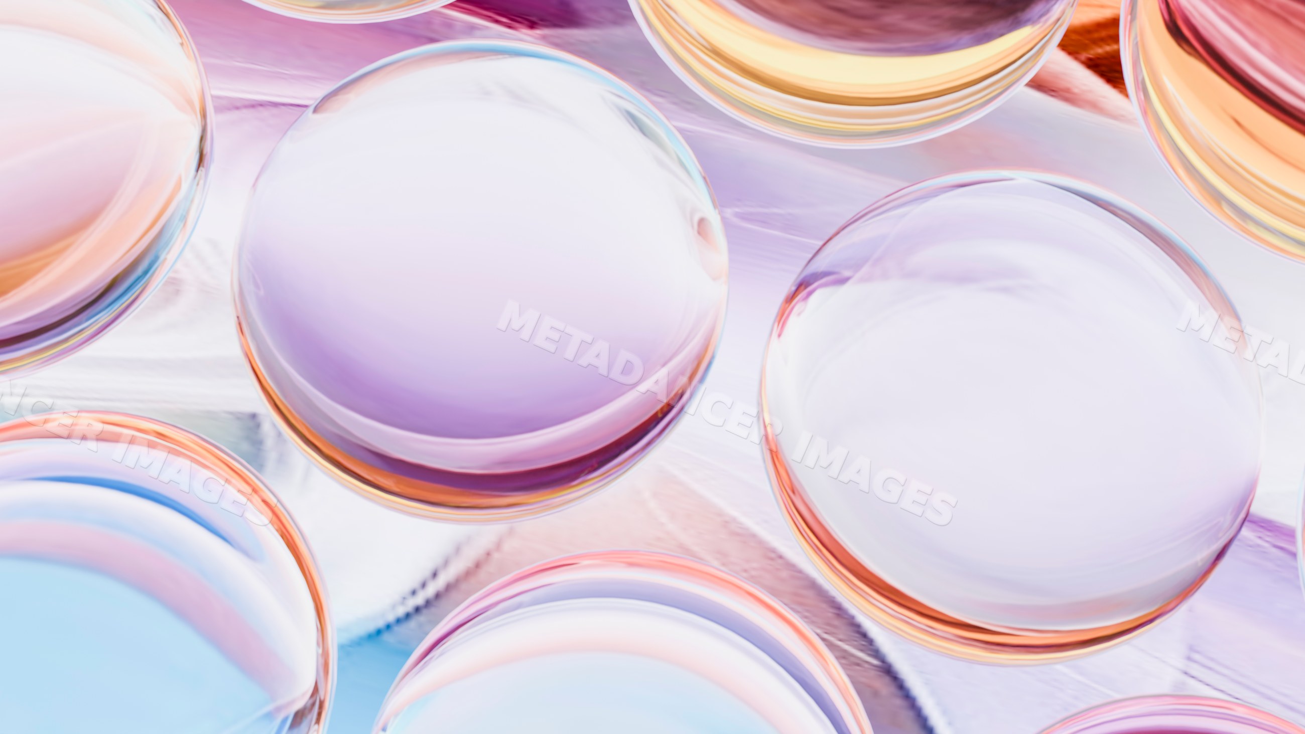 Transparent spheres with colorful light reflections abstract