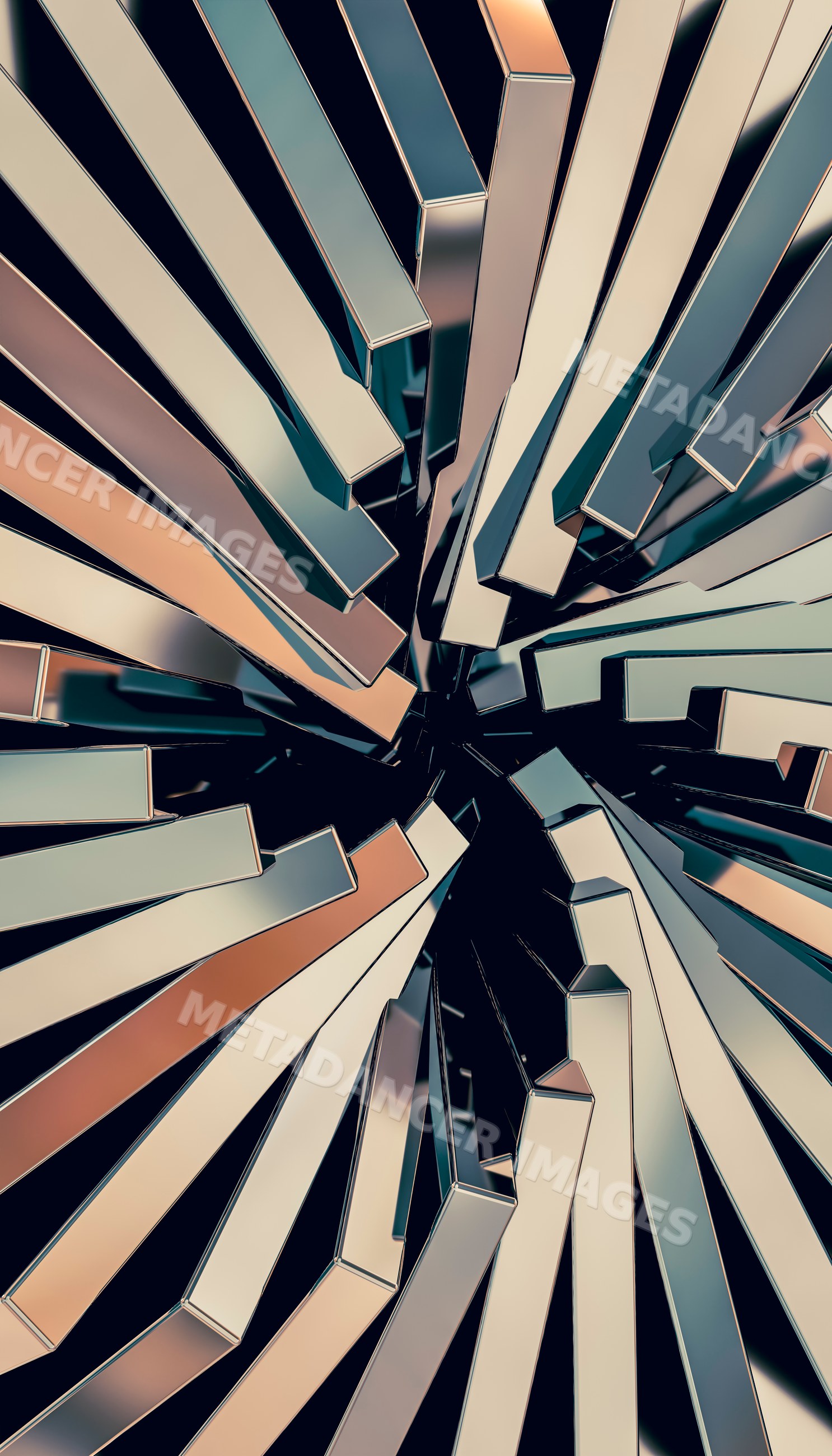 Close-up view of shiny metal bars arranged in an abstract pattern