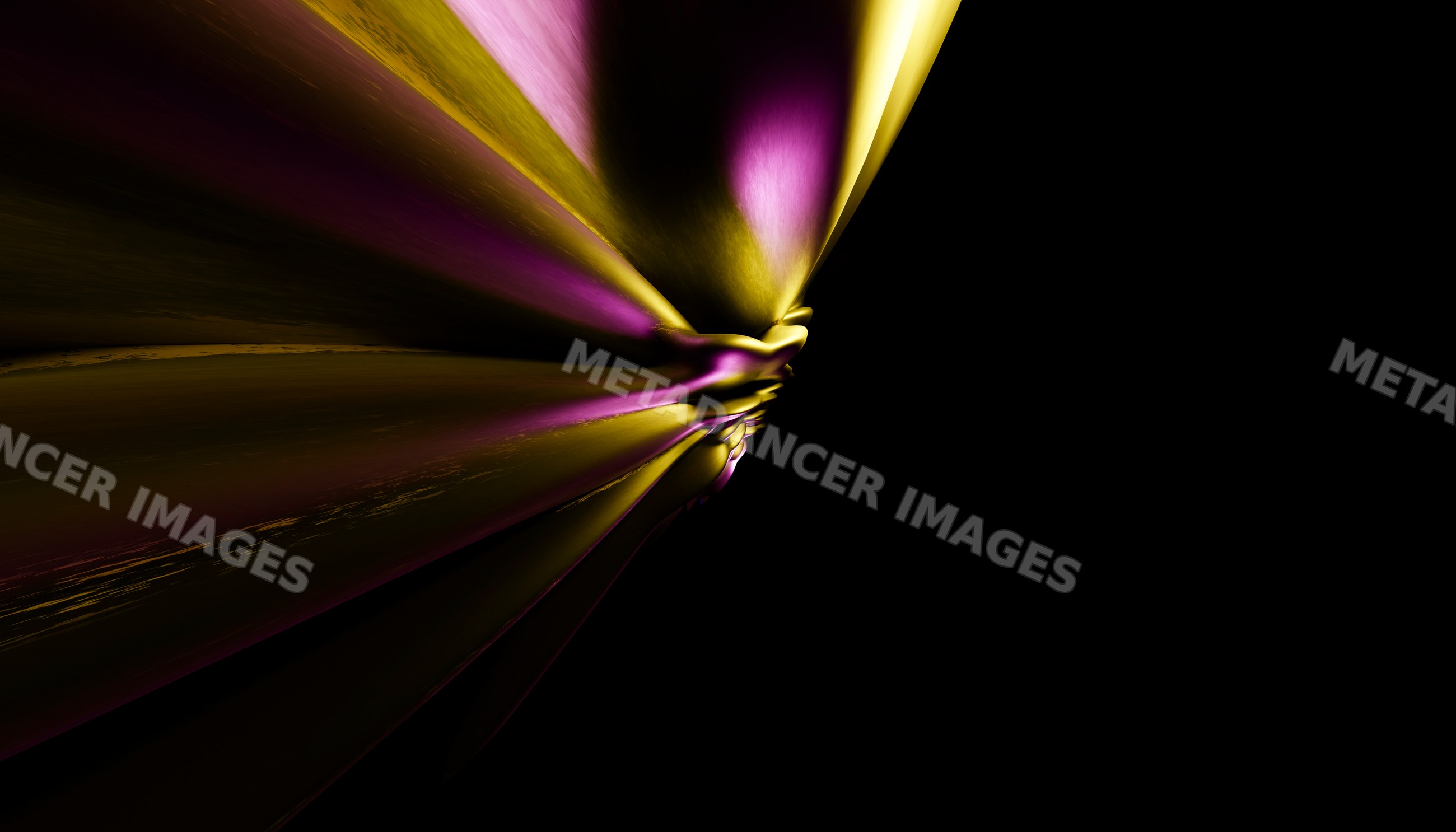 Colorful twisted gold and purple metallic abstract form on black