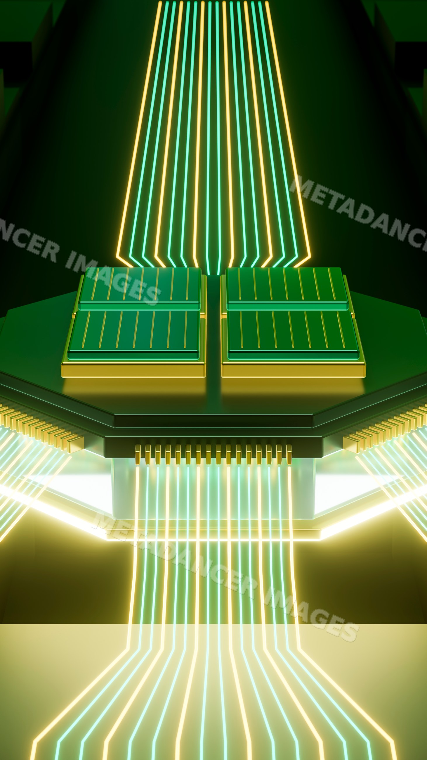 Computer chip with digital glowing lines illustrating data transfer