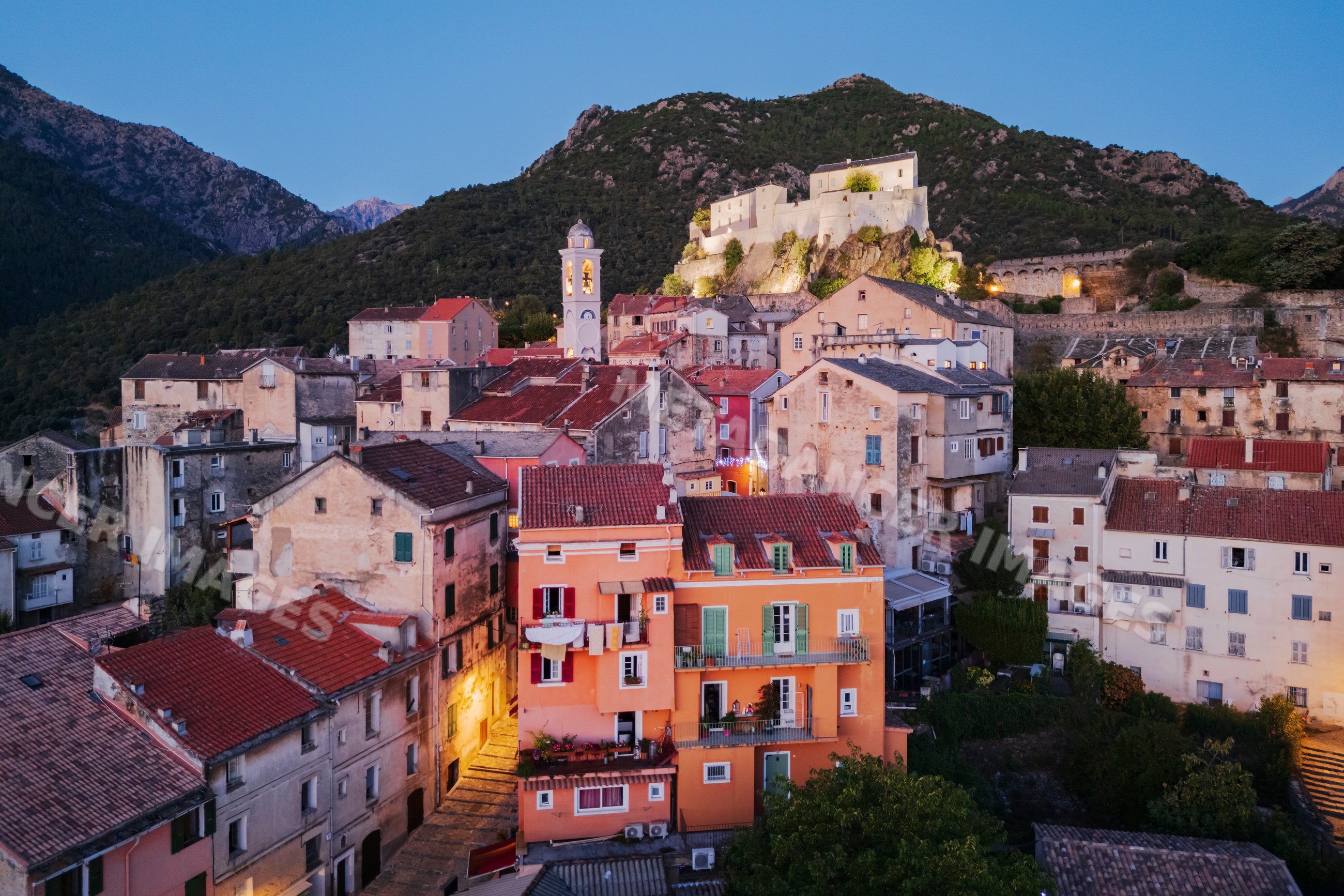 Corté town with fortress at Dawn in corsica, france