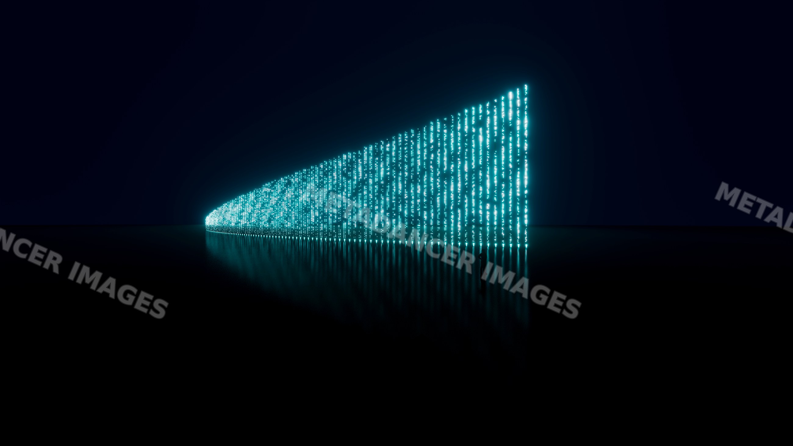 Digital data wall with glowing blue code and silhouette