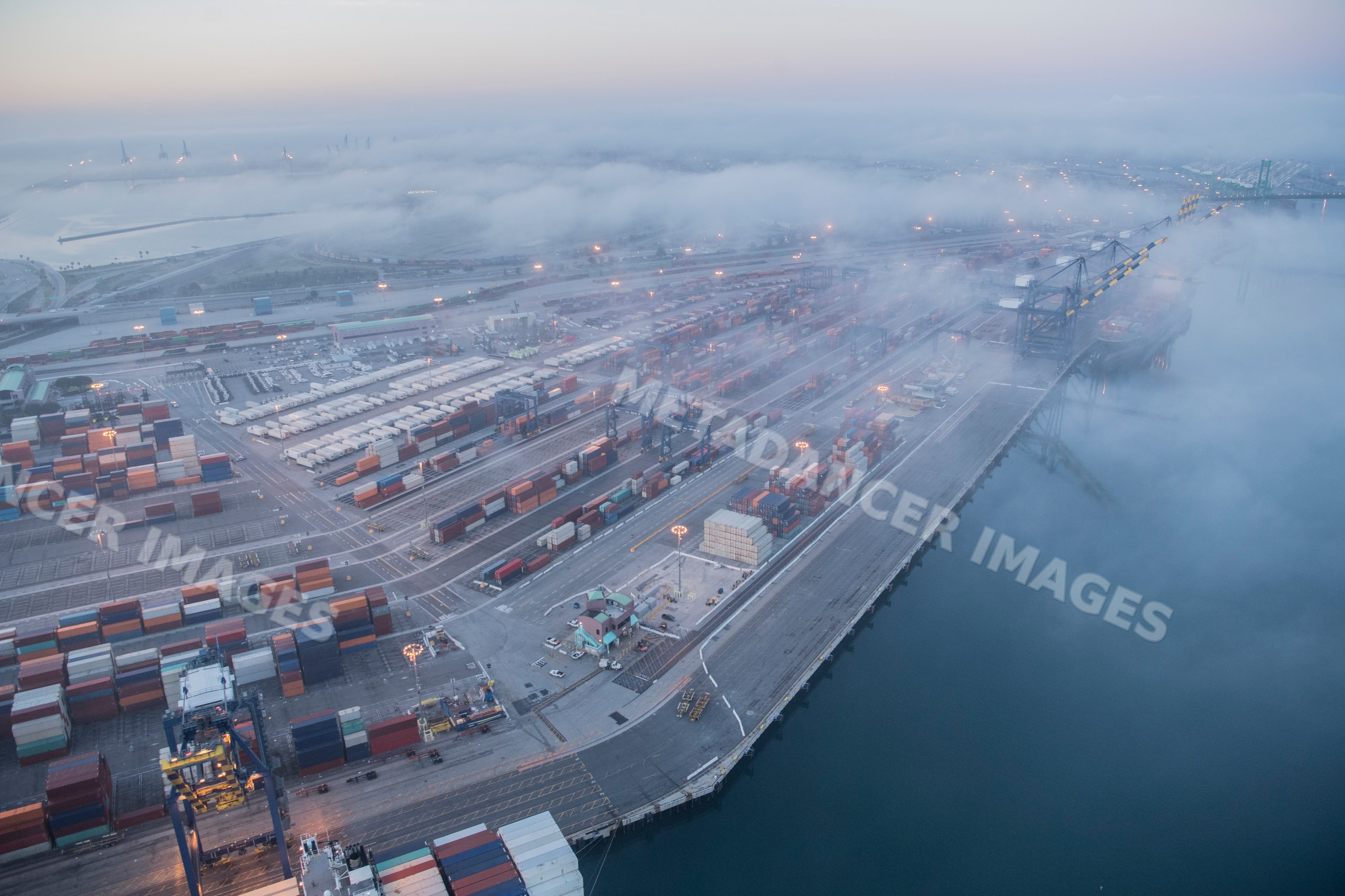 Fog enveloping the Long Beach cargo container port and terminal