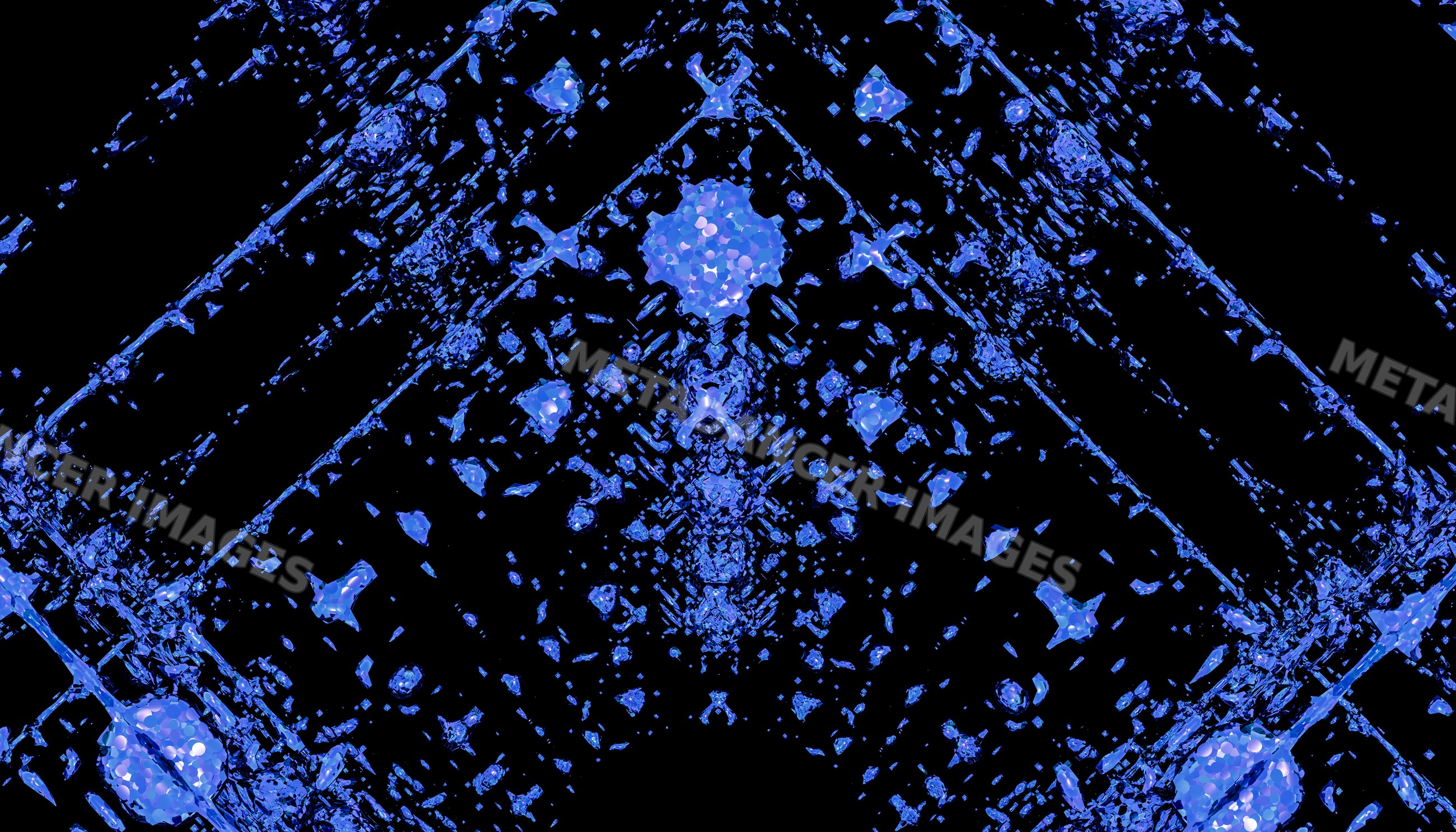 Blue crystalline fractured pattern with reflective shards on Black