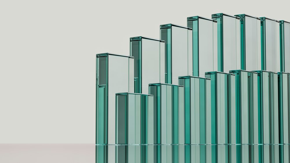 Vertical transparent glass bars on reflective surface