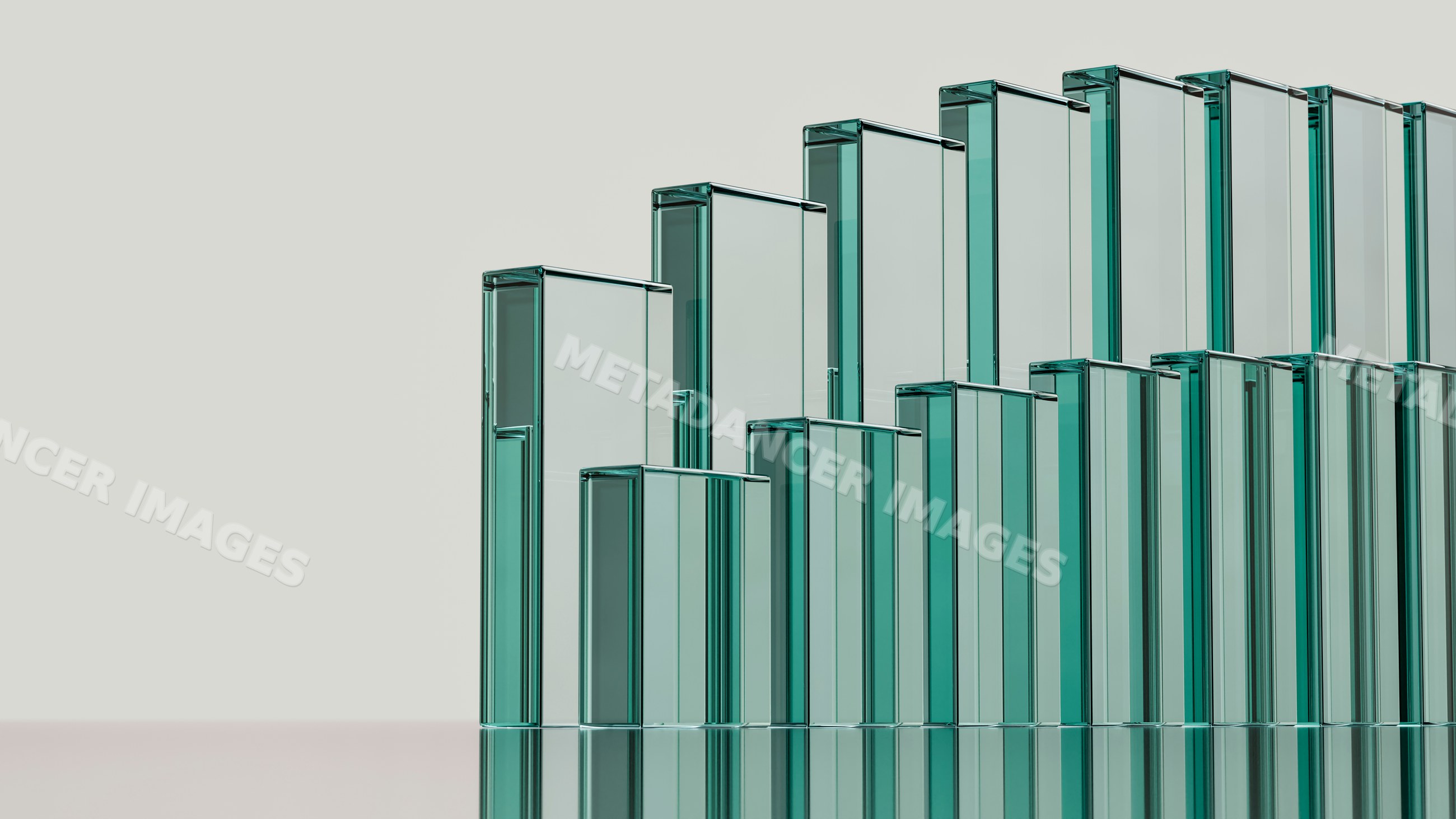 Vertical transparent glass bars on reflective surface
