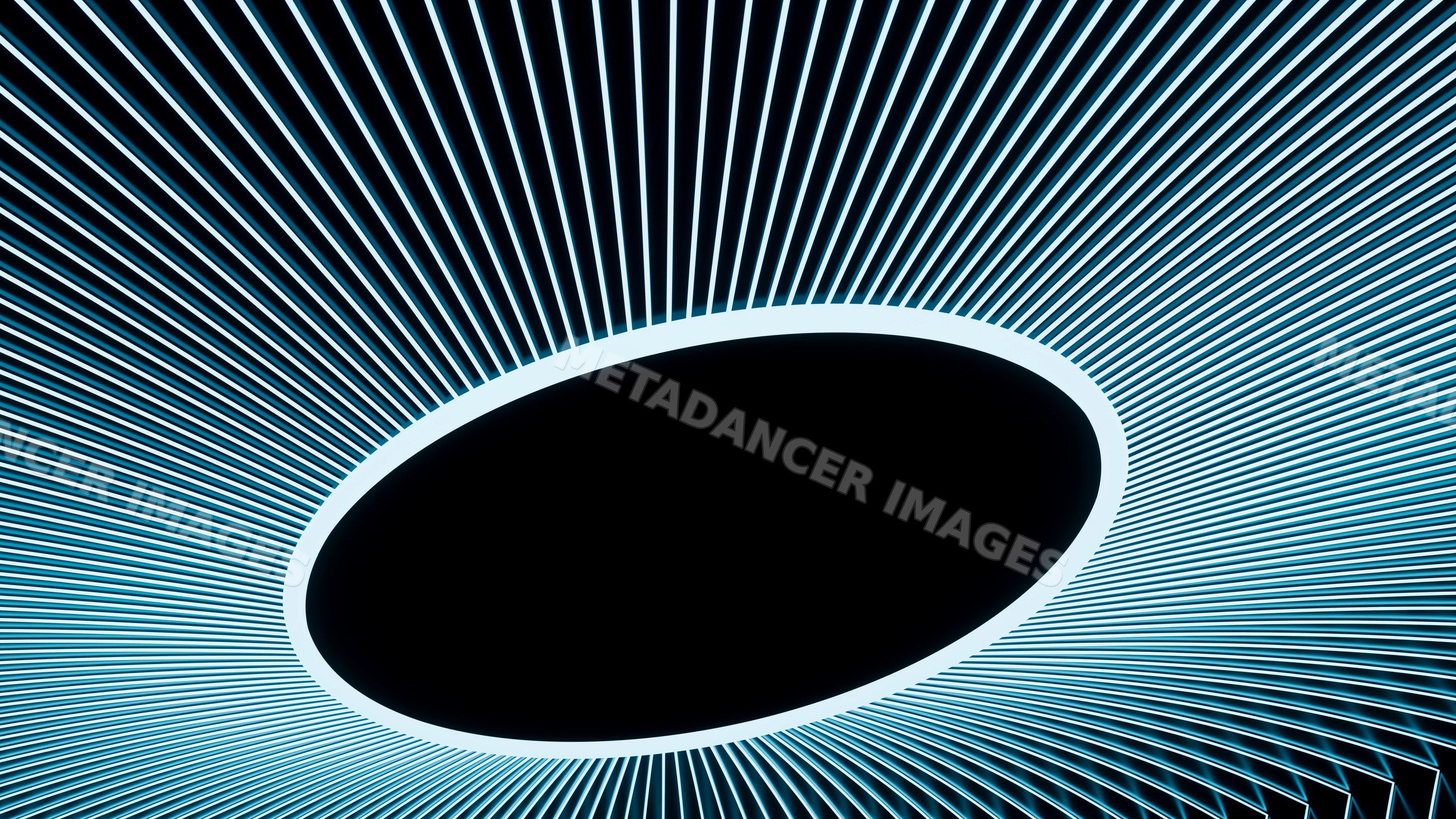 Radiating blue line pattern around black circle in digital art