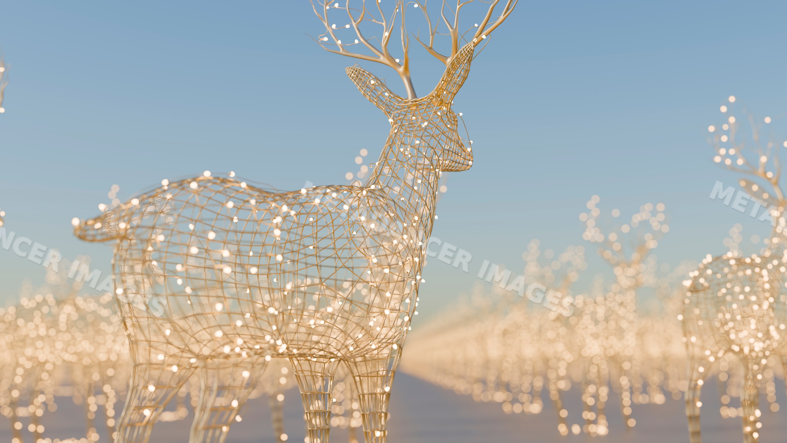 Wireframe reindeer sculptures decorated with glowing lights