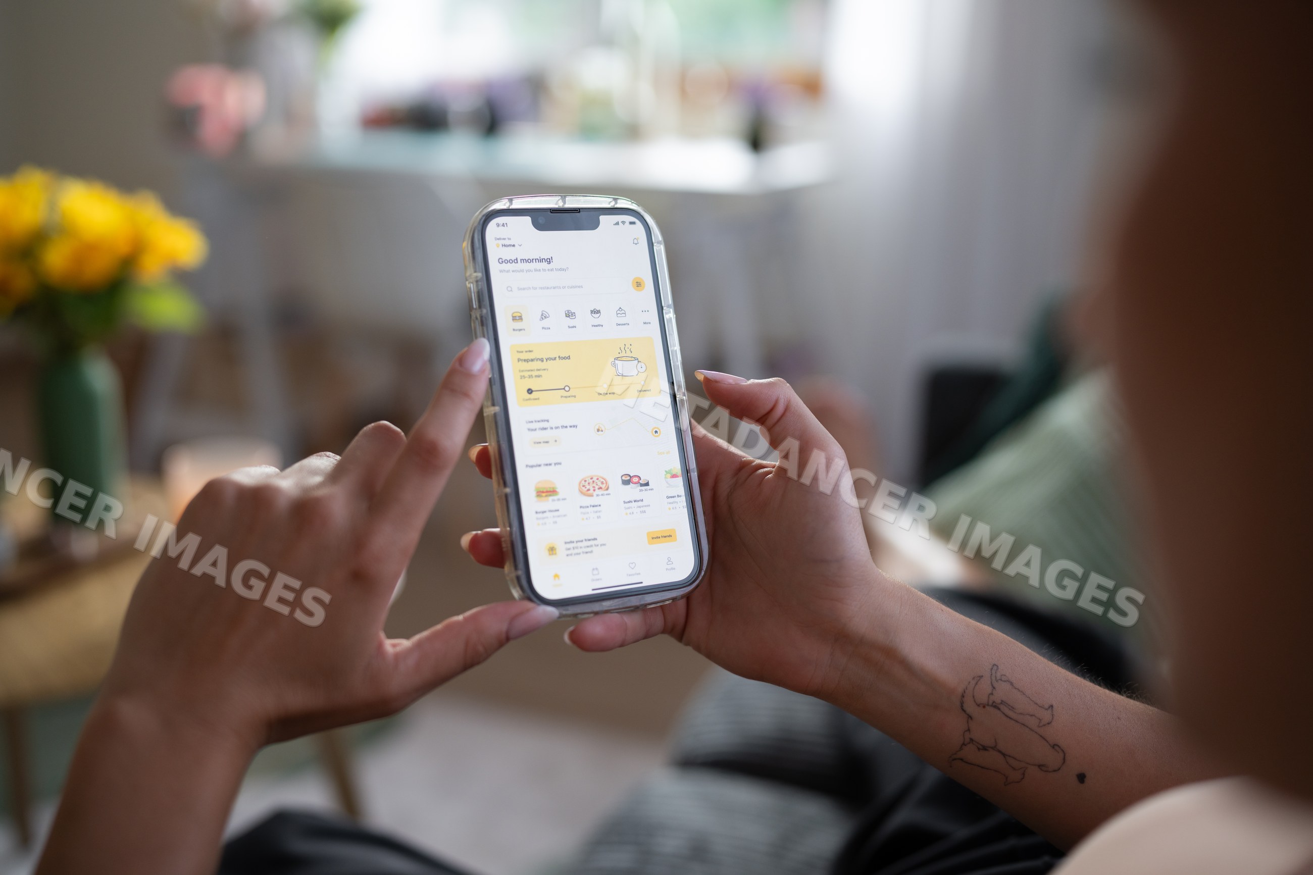 White Woman using a food ordering app