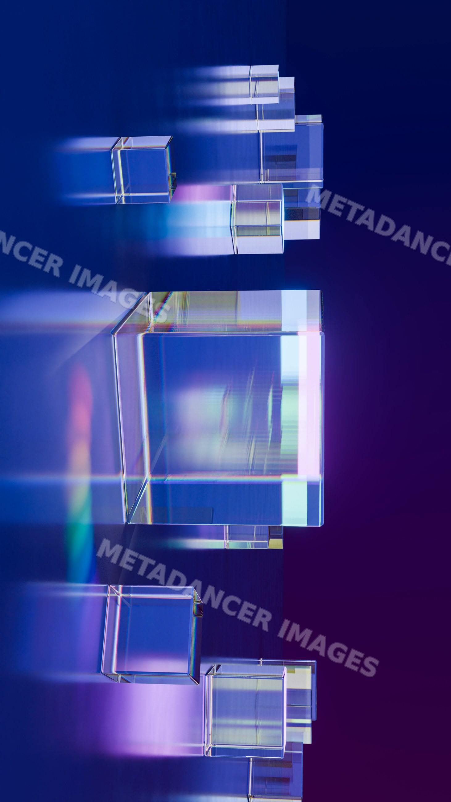 Transparent glass cubes with colorful reflections on reflective
