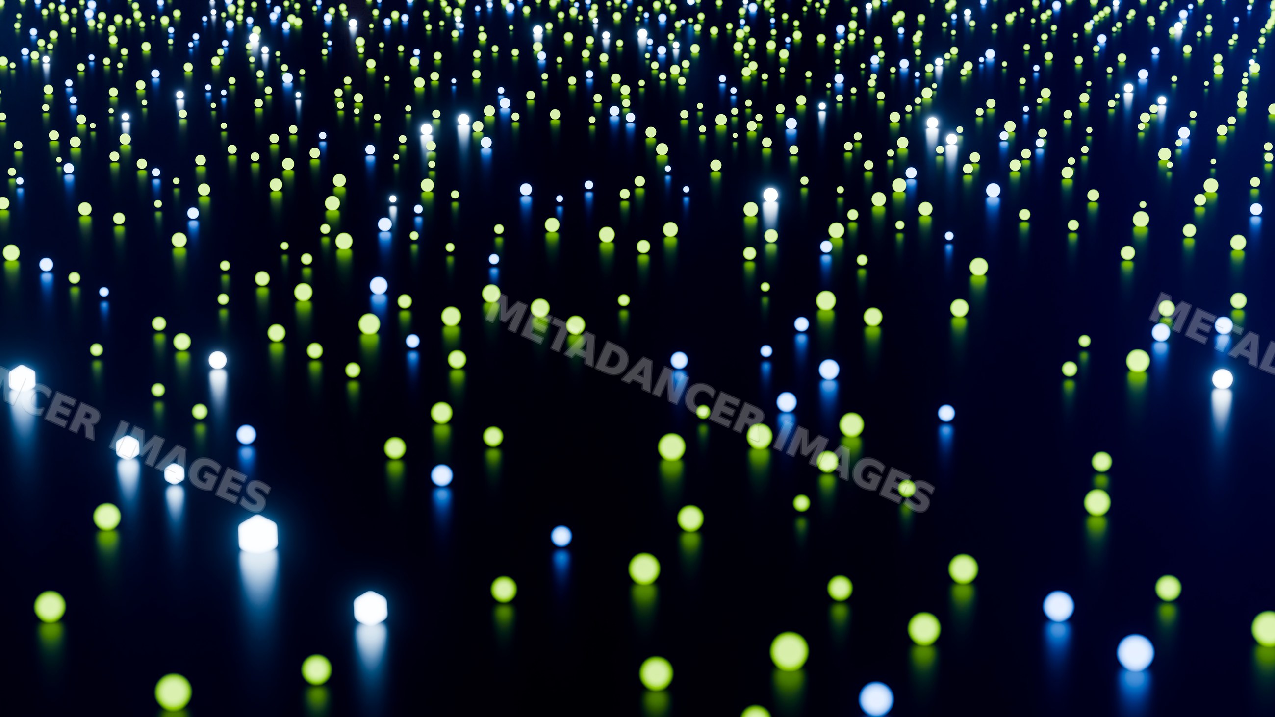 Glowing blue and green light spheres on reflective dark surface