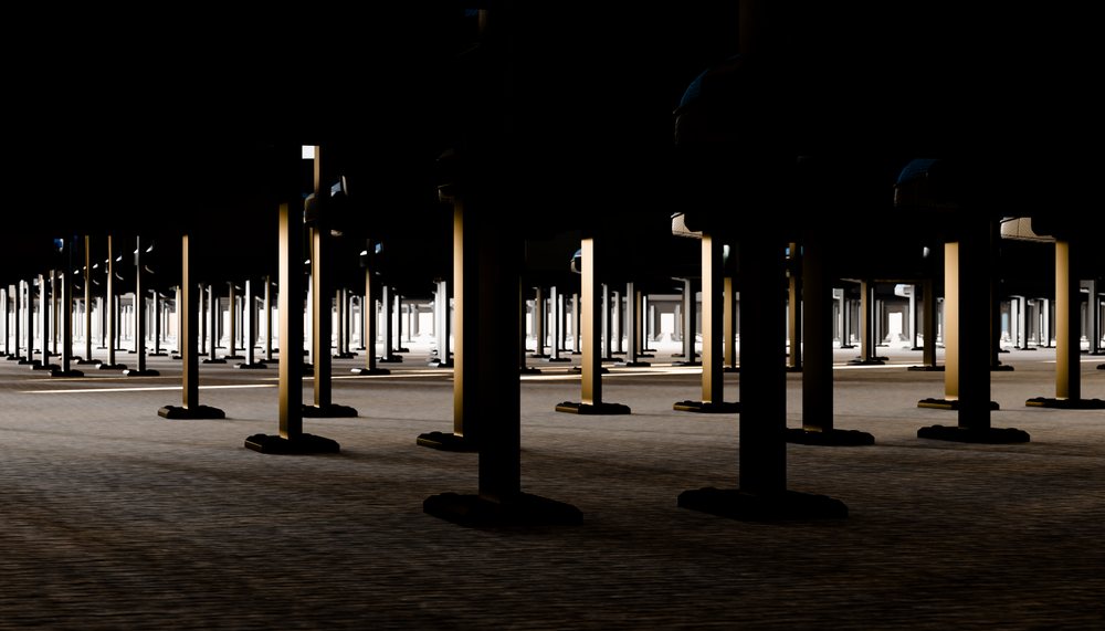 Symmetrical pillars casting shadows in dark architectural interior