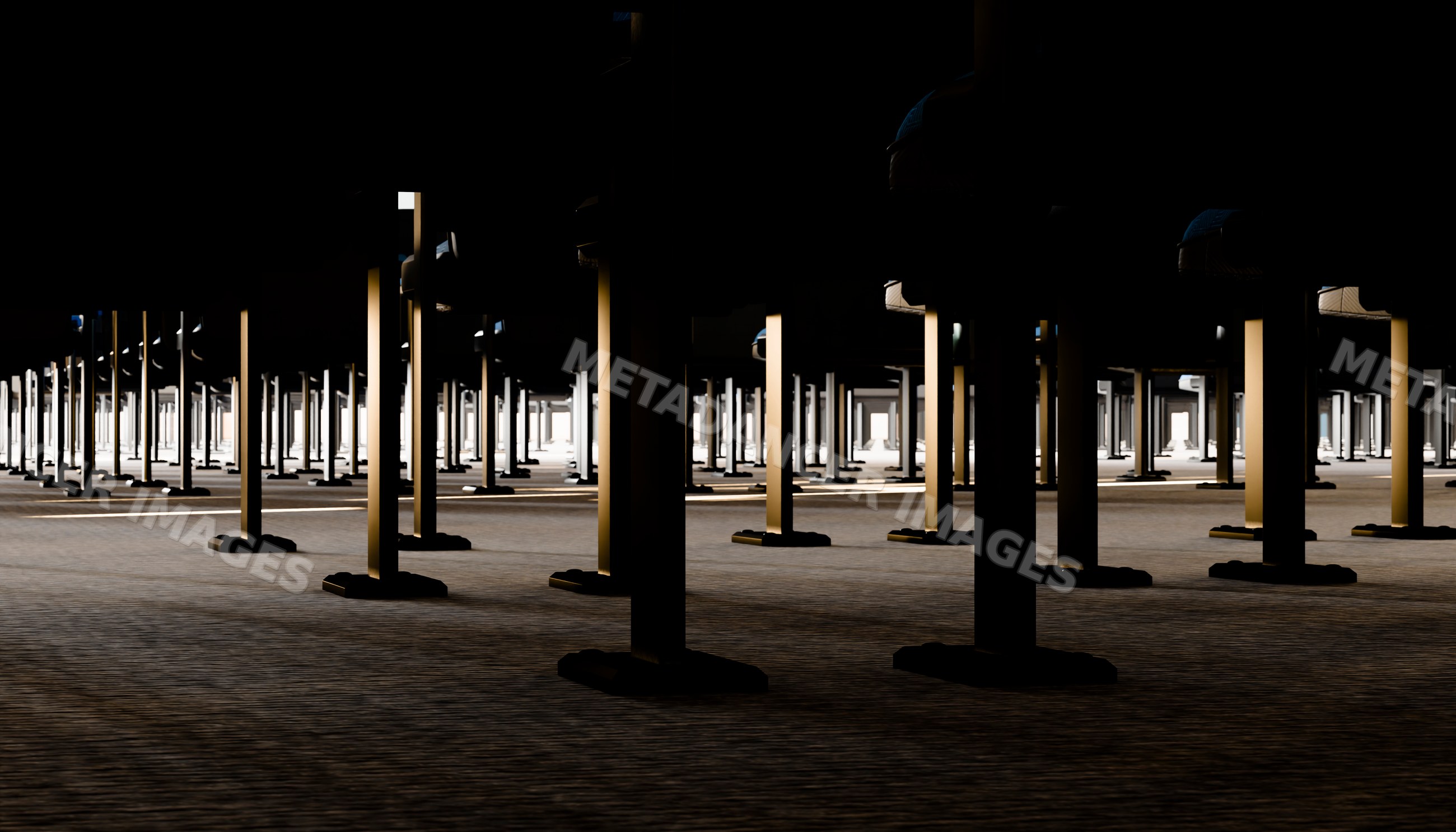 Symmetrical pillars casting shadows in dark architectural interior