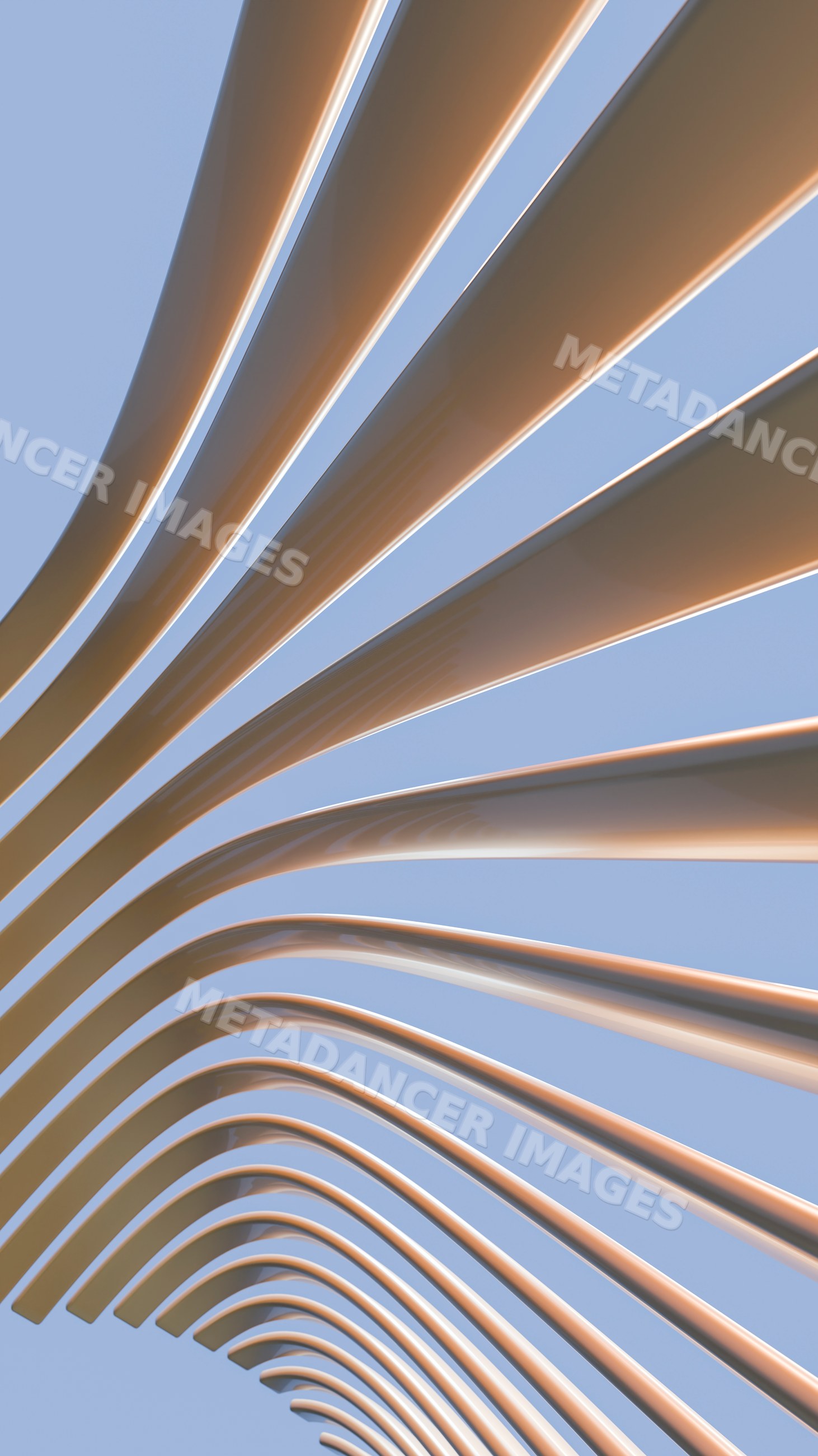 Abstract curved metal sculpture against blue sky