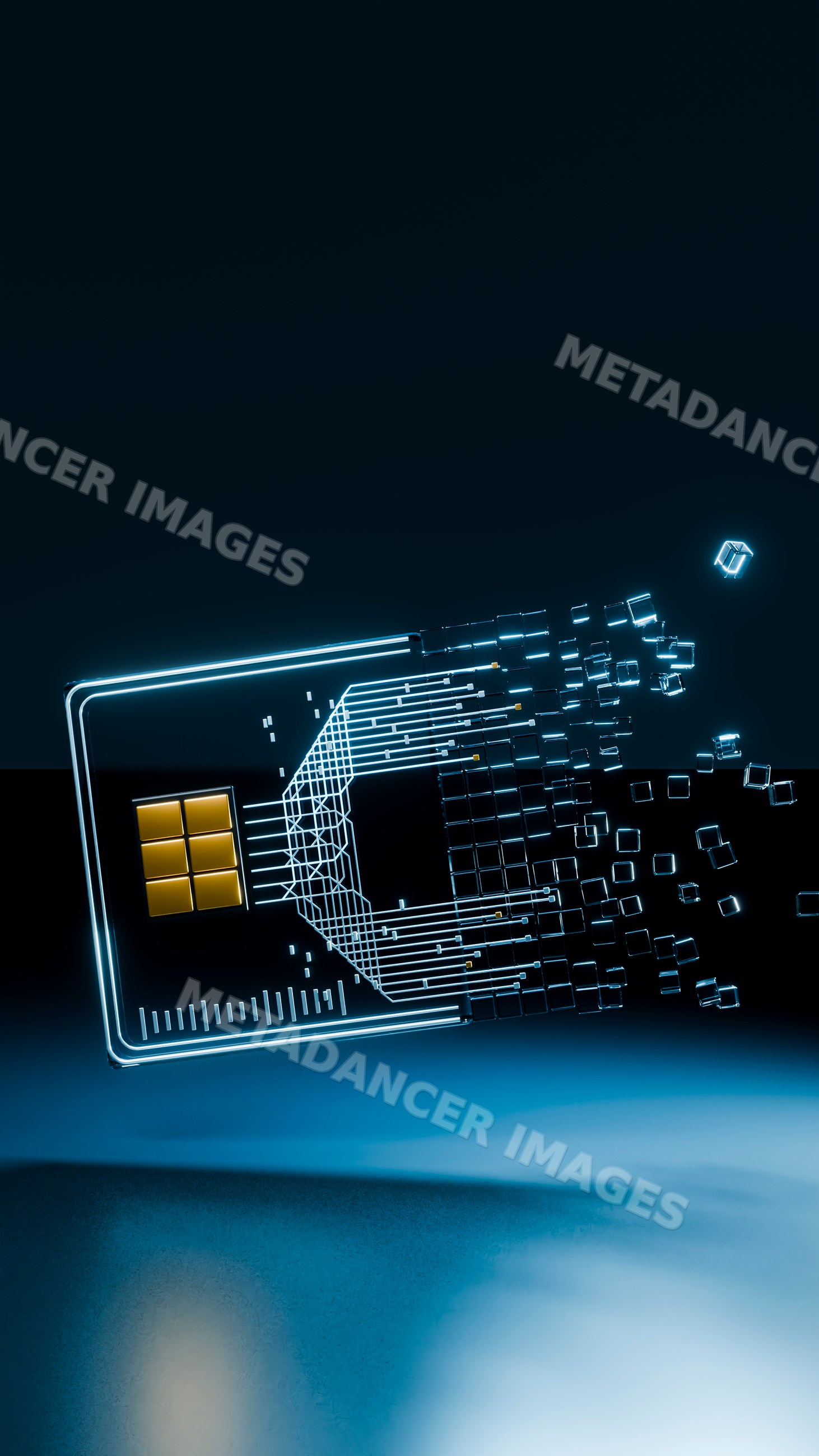 Glowing digital microchip with circuit lines dispersing cubes