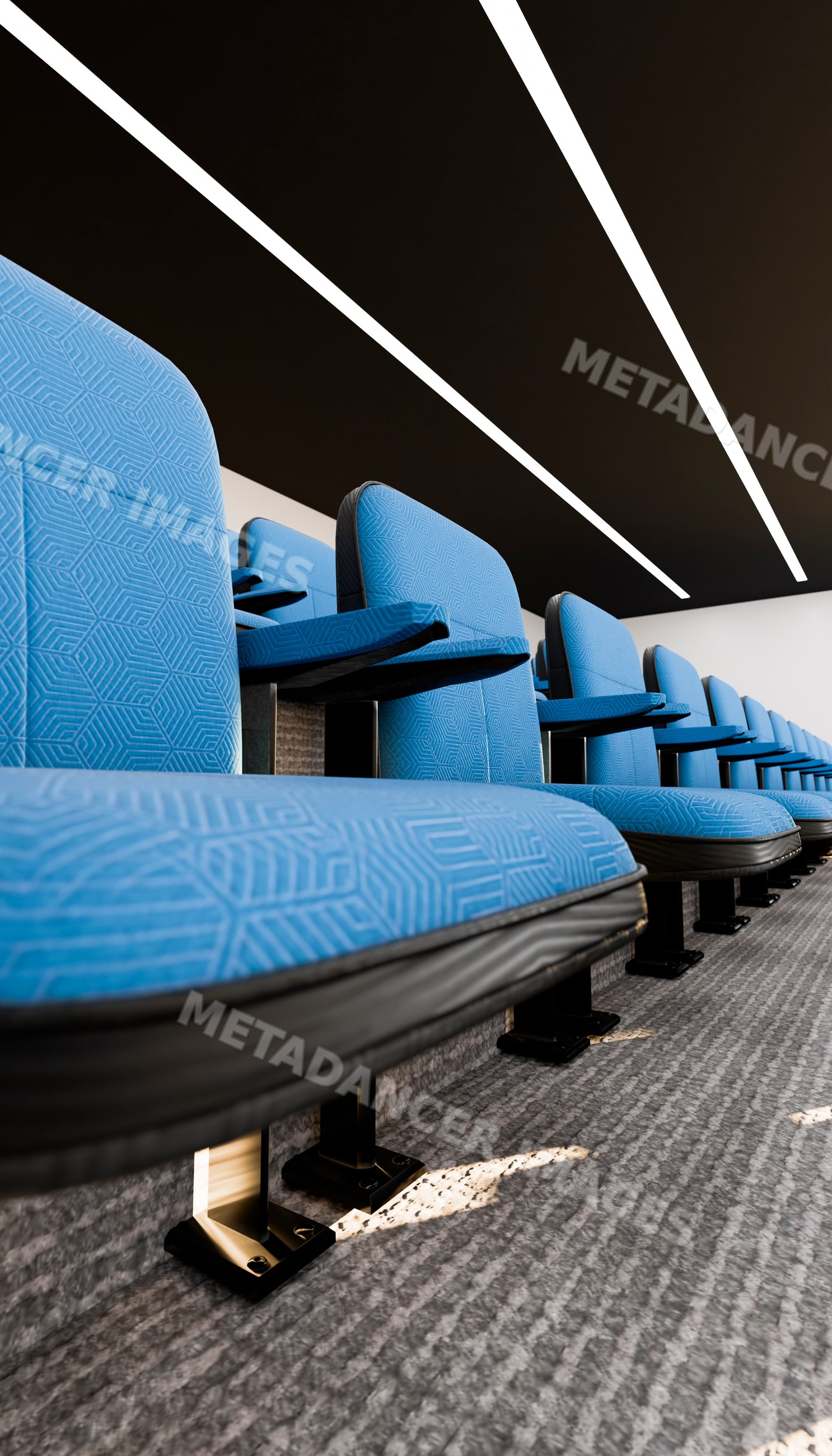 Blue upholstered chairs in modern lecture hall seating row