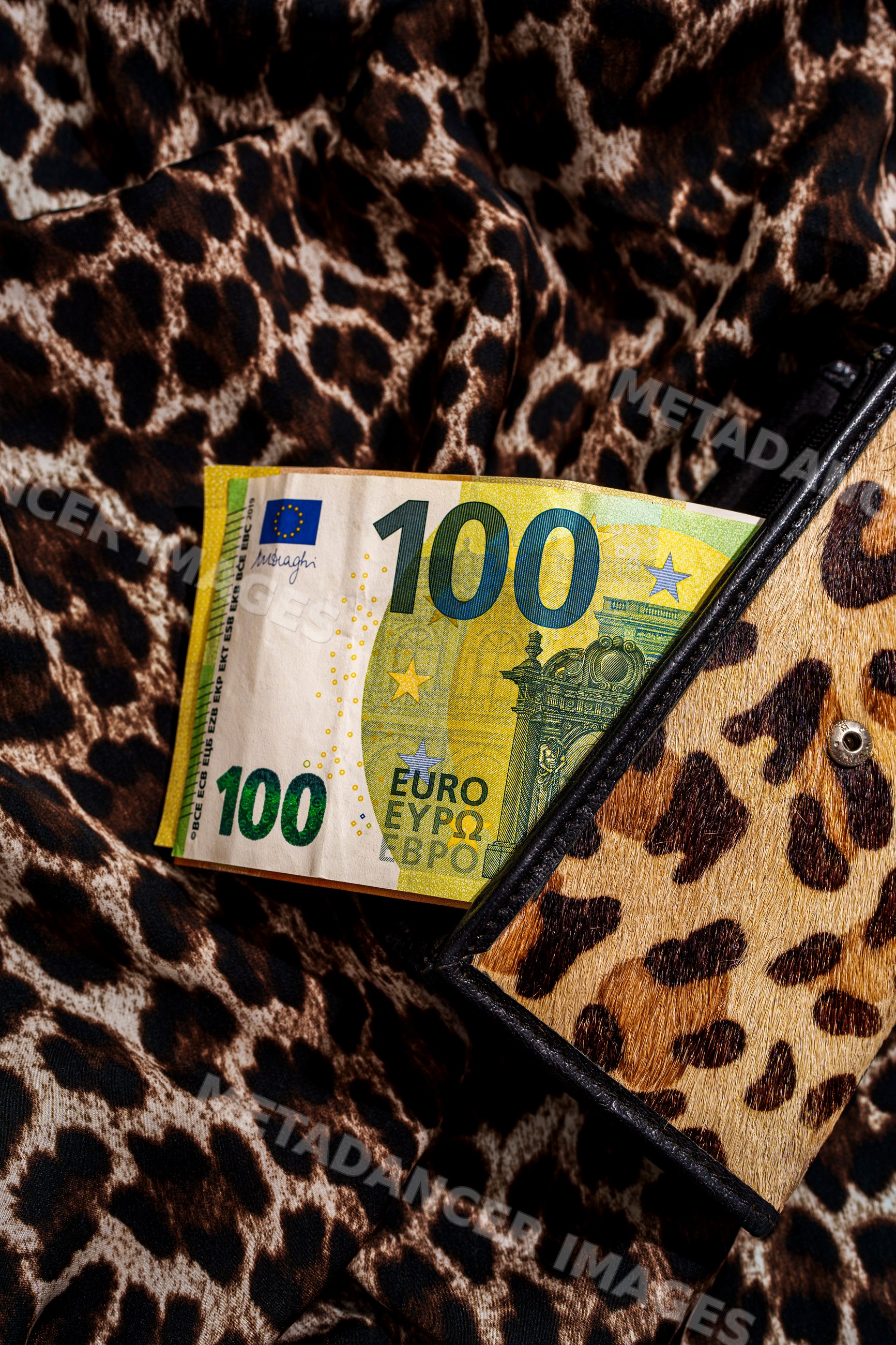 100 euro banknote in leopard print wallet on matching fabric