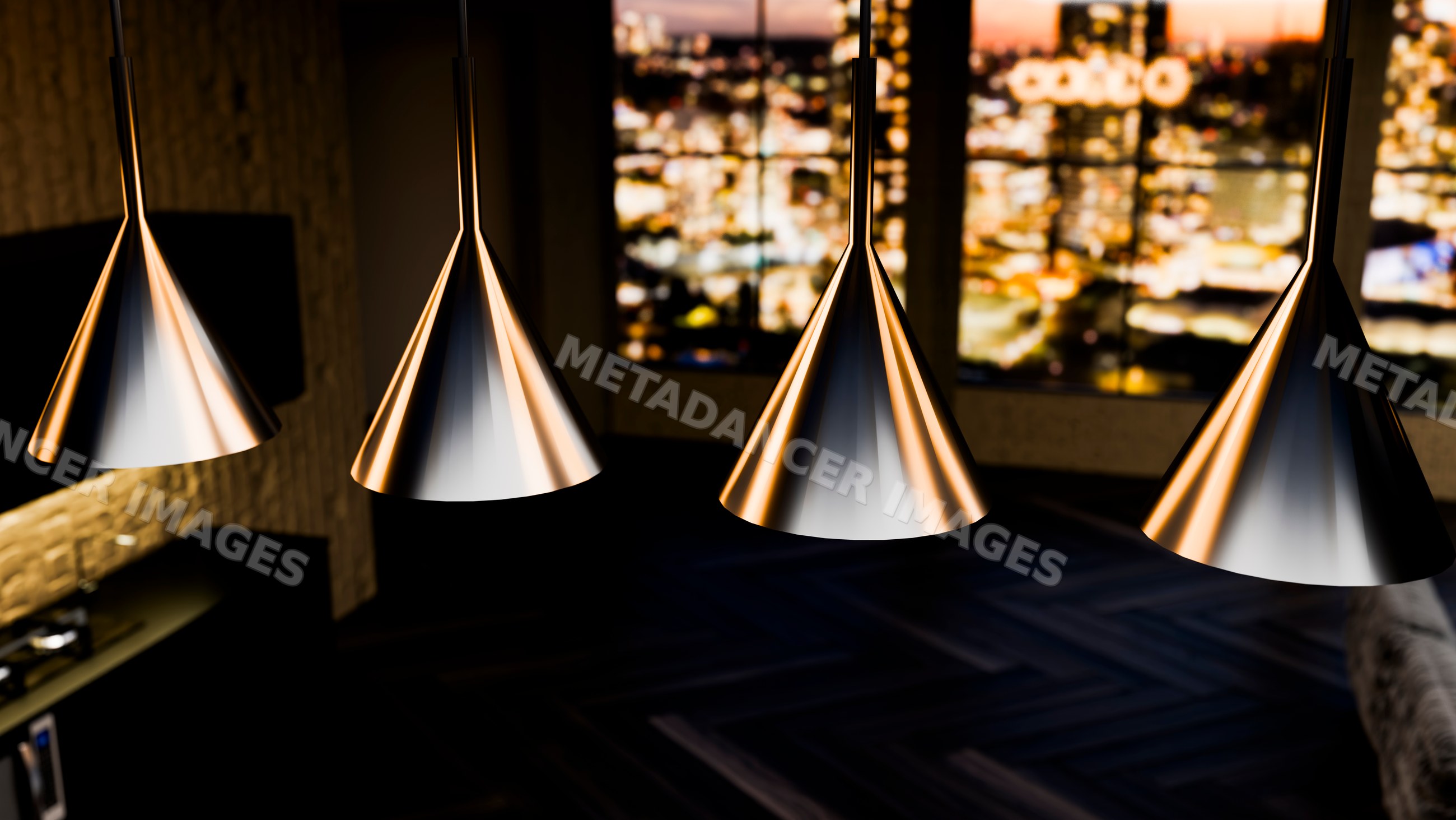 Modern cone-shaped pendant lights illuminating dark room interior