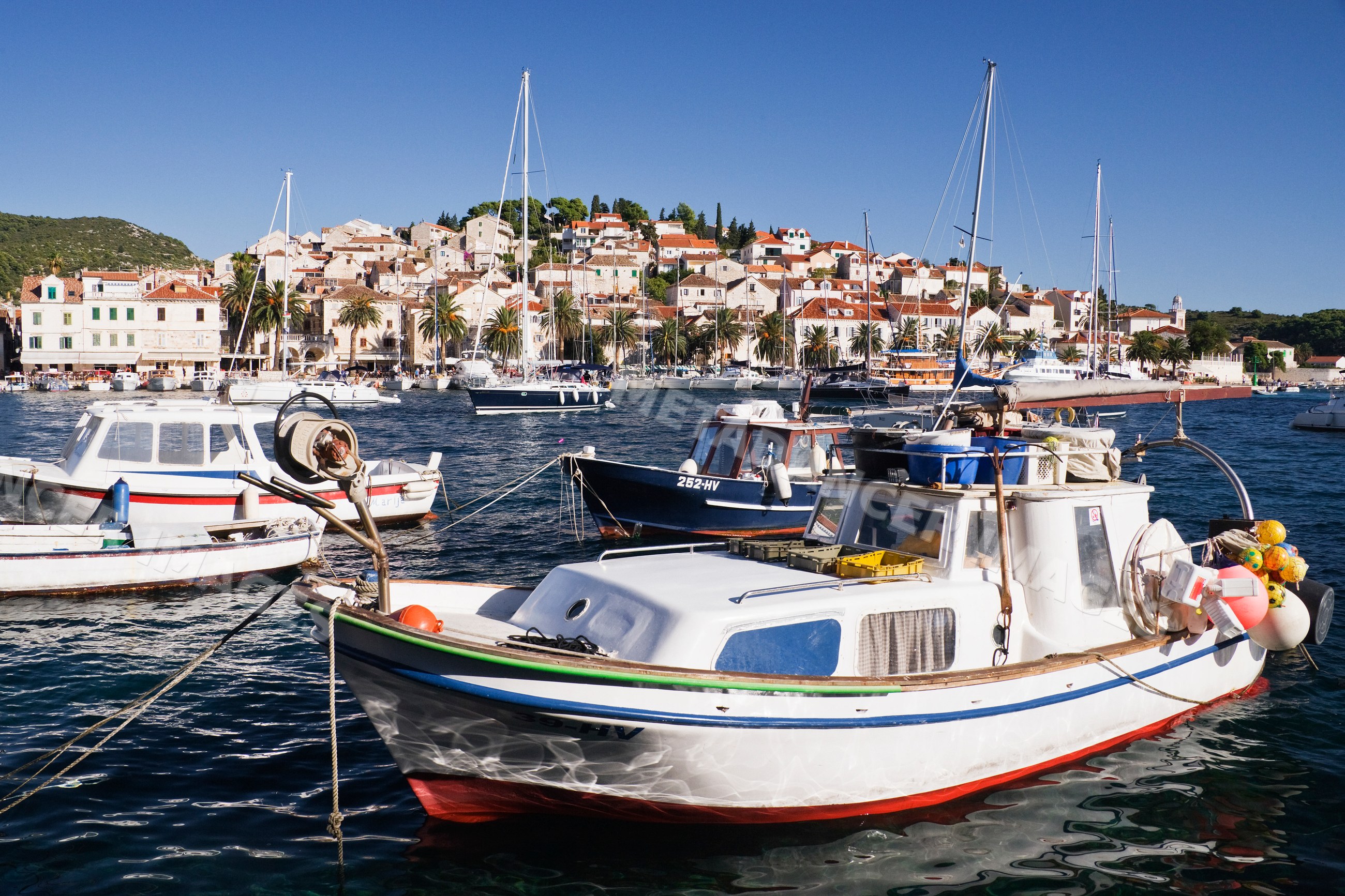 Boats anchored in the harbour of hvar town