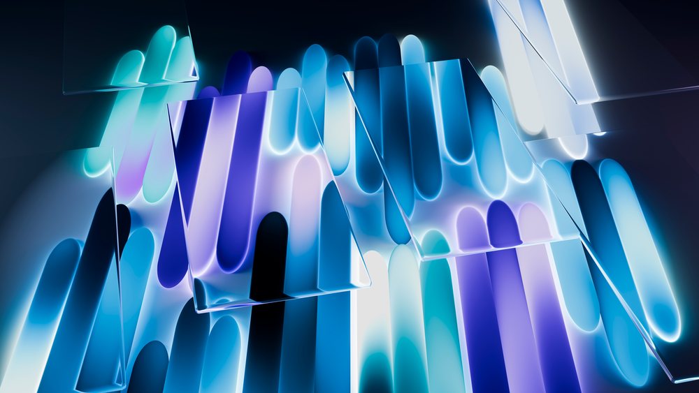 Abstract blue and purple neon lights with glass reflections