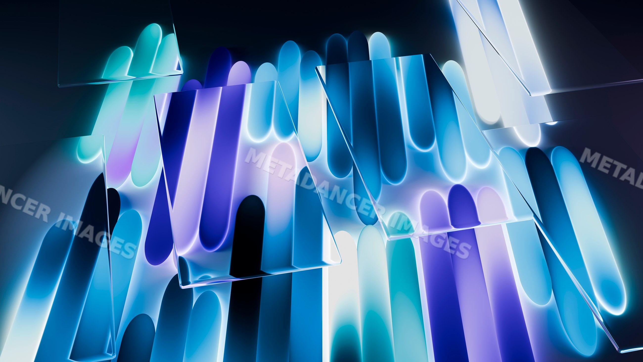 Abstract blue and purple neon lights with glass reflections