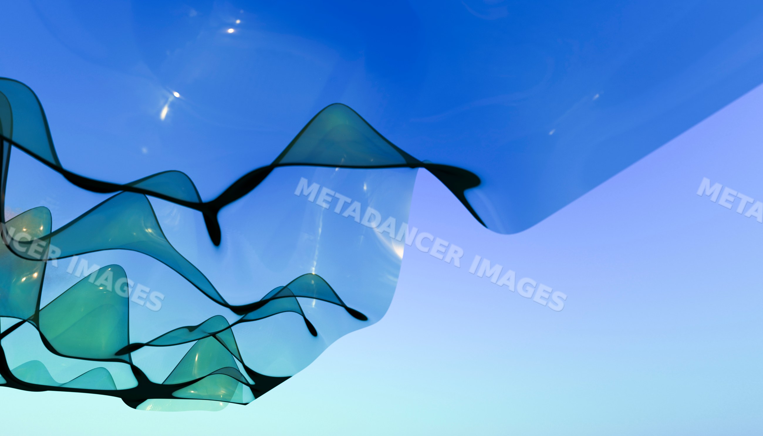 Abstract flowing translucent blue ribbons against blue background