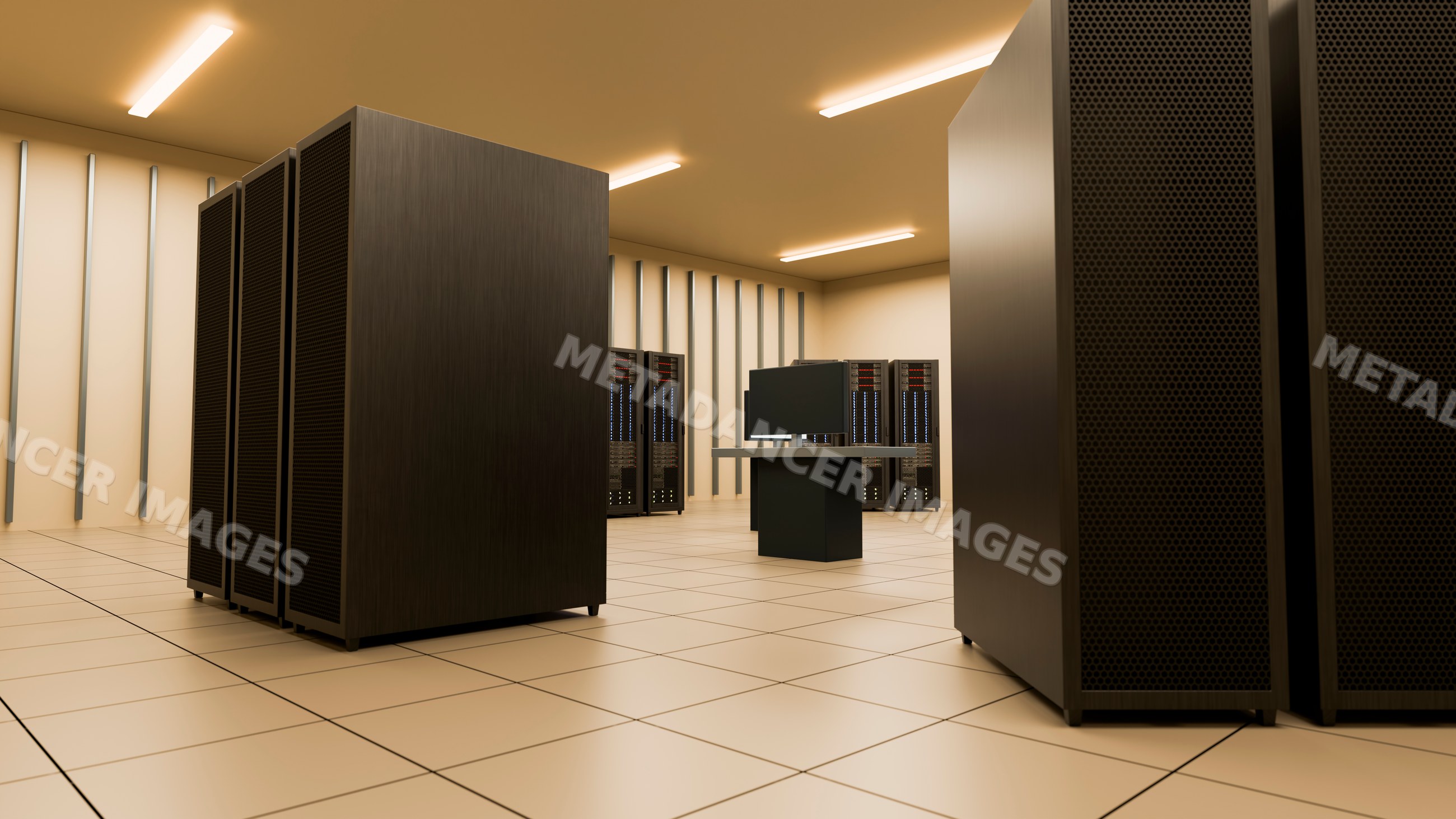 Server racks and monitor in modern data center room