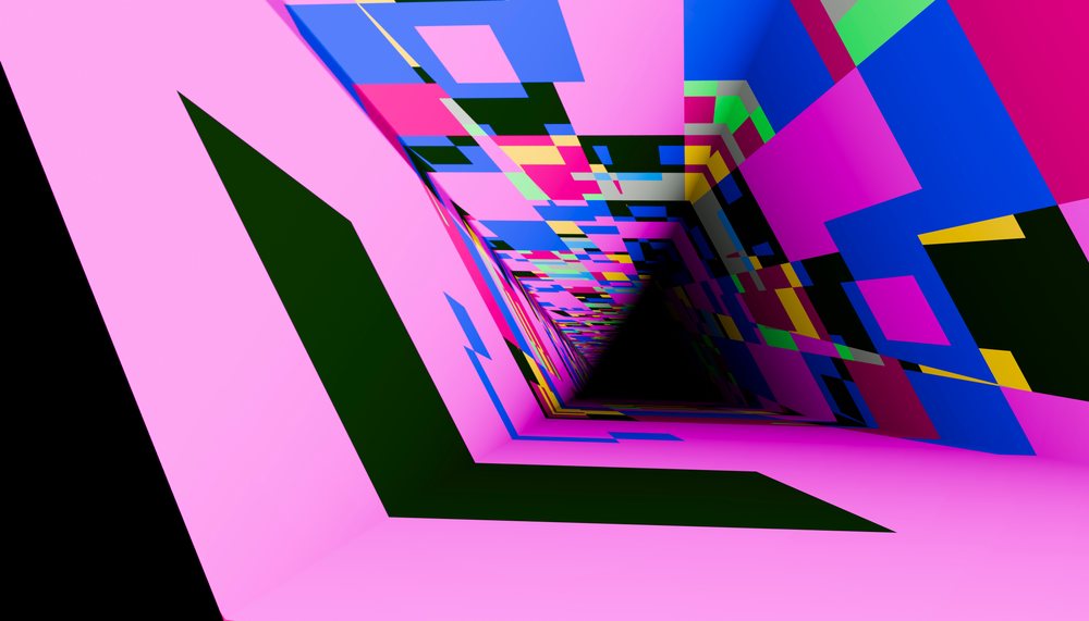 Colorful abstract geometric tunnel in vibrant digital art perspective