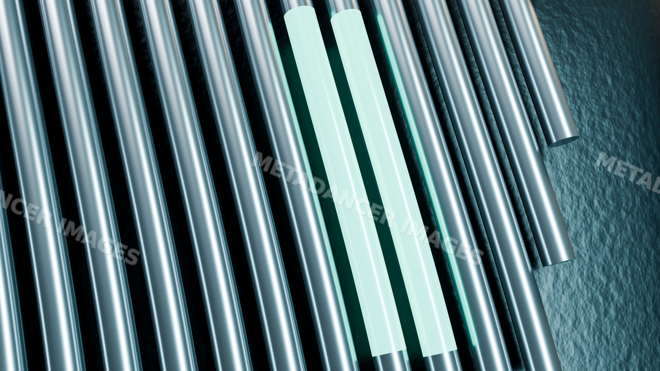 Metal tubes arranged in parallel on an industrial surface