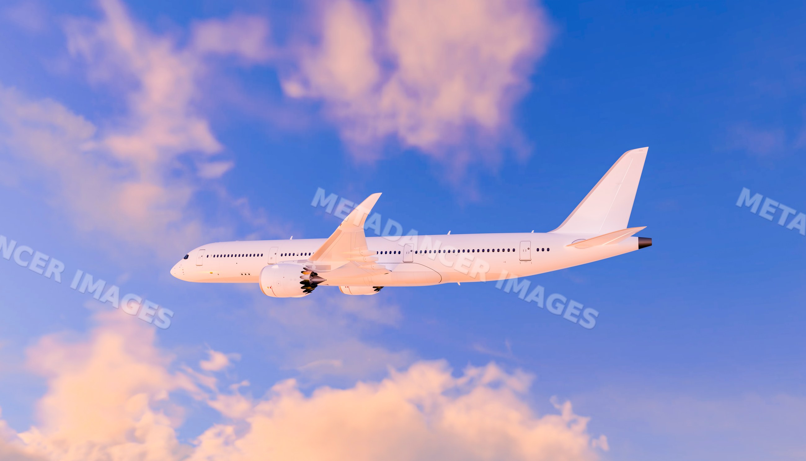 A white commercial airplane flying in a blue sky with pink clouds
