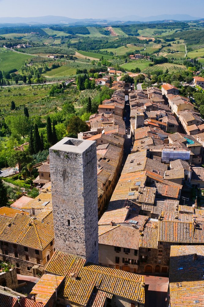Aerial view of san gimignano historic tower and rooftops italy