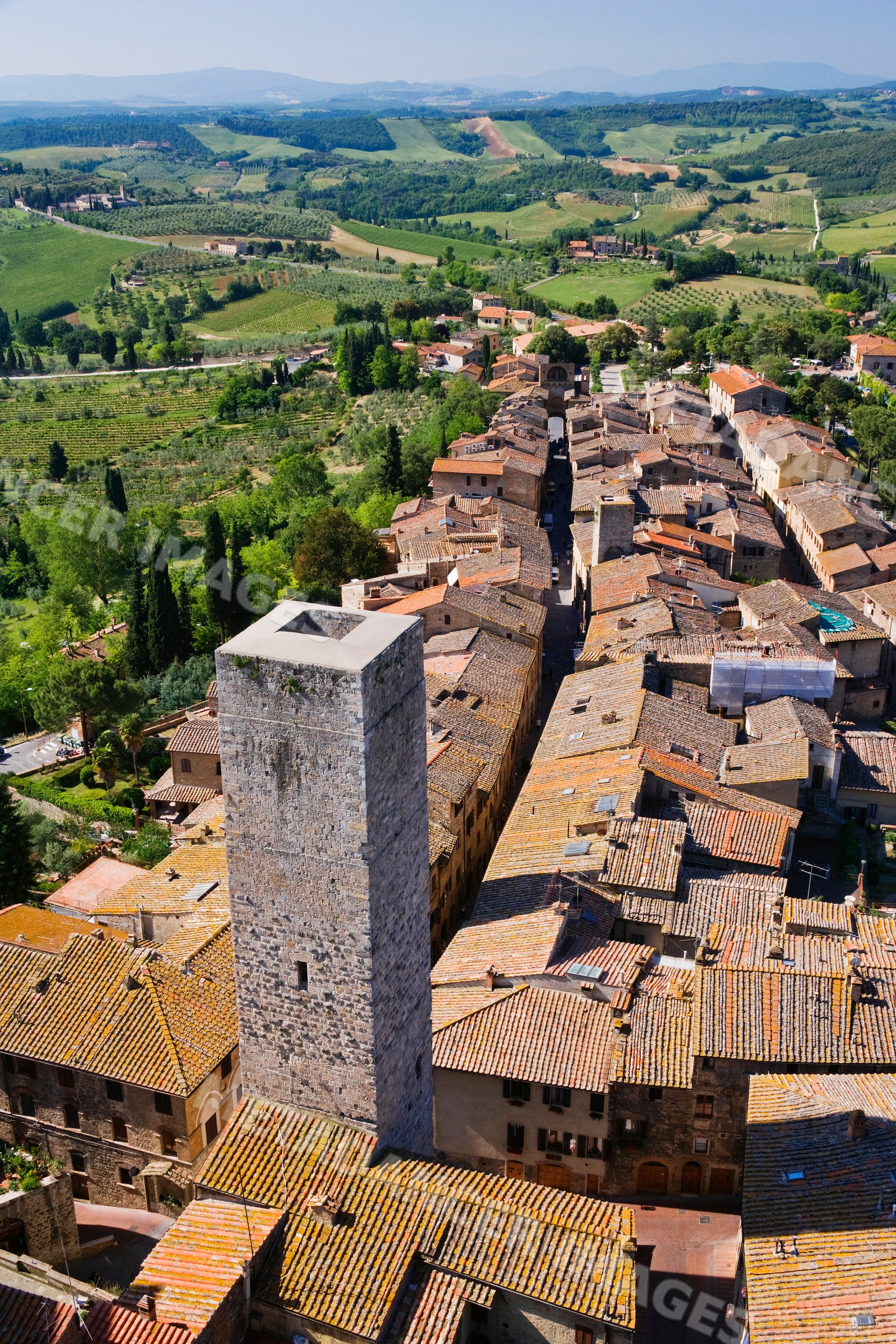 Aerial view of san gimignano historic tower and rooftops italy