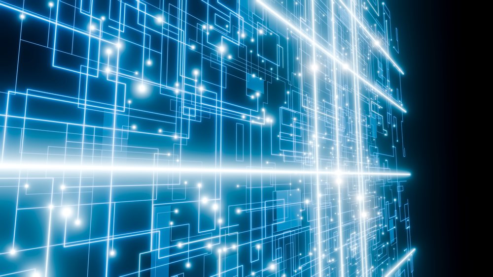 Blue glowing digital network grid with interconnected lines and nodes