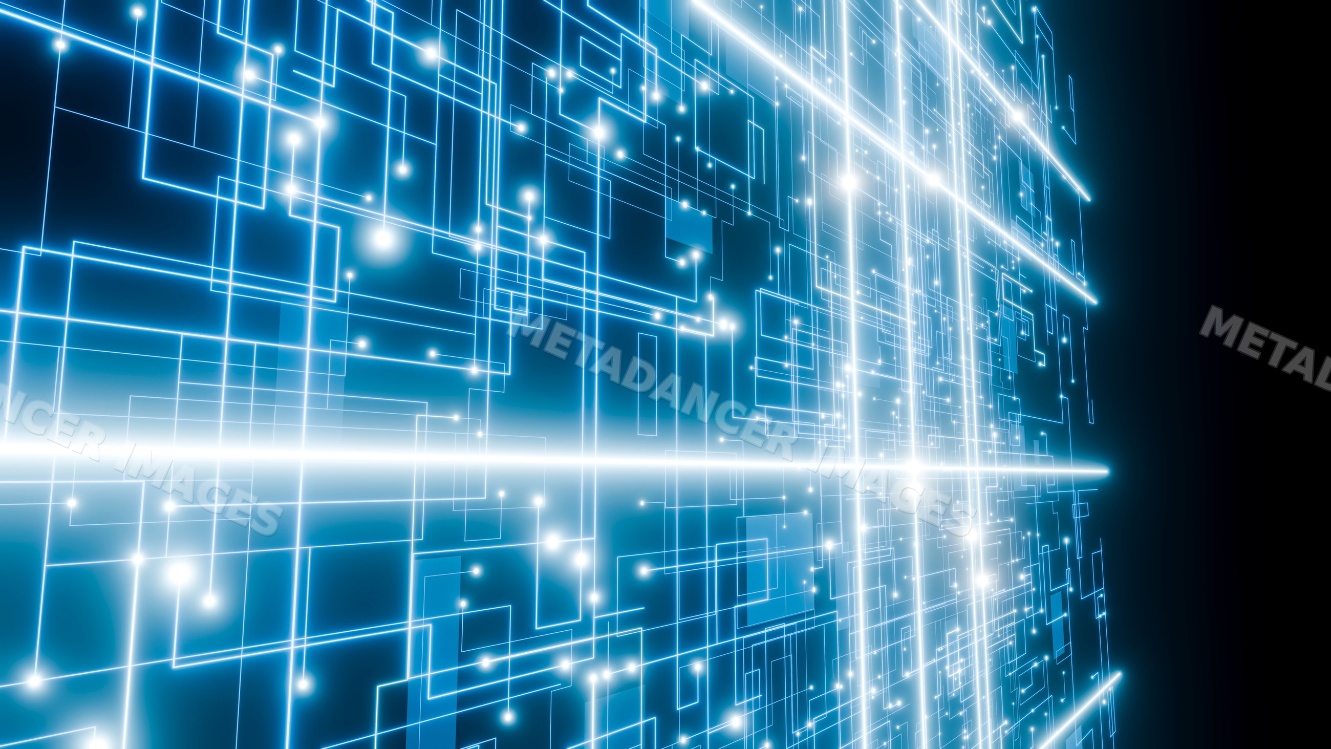 Blue glowing digital network grid with interconnected lines and nodes