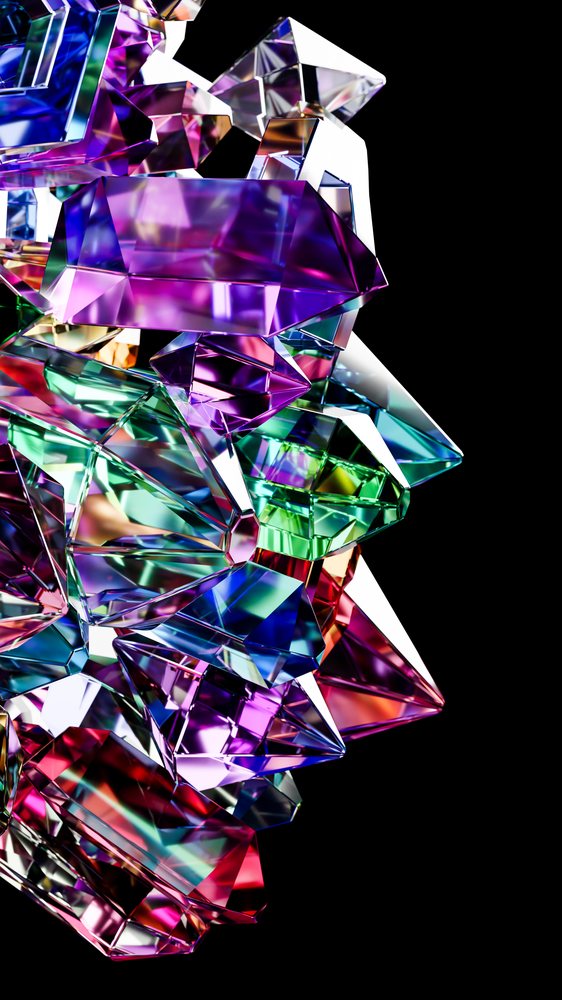 Multicolored transparent faceted crystals in digital 3d illustration
