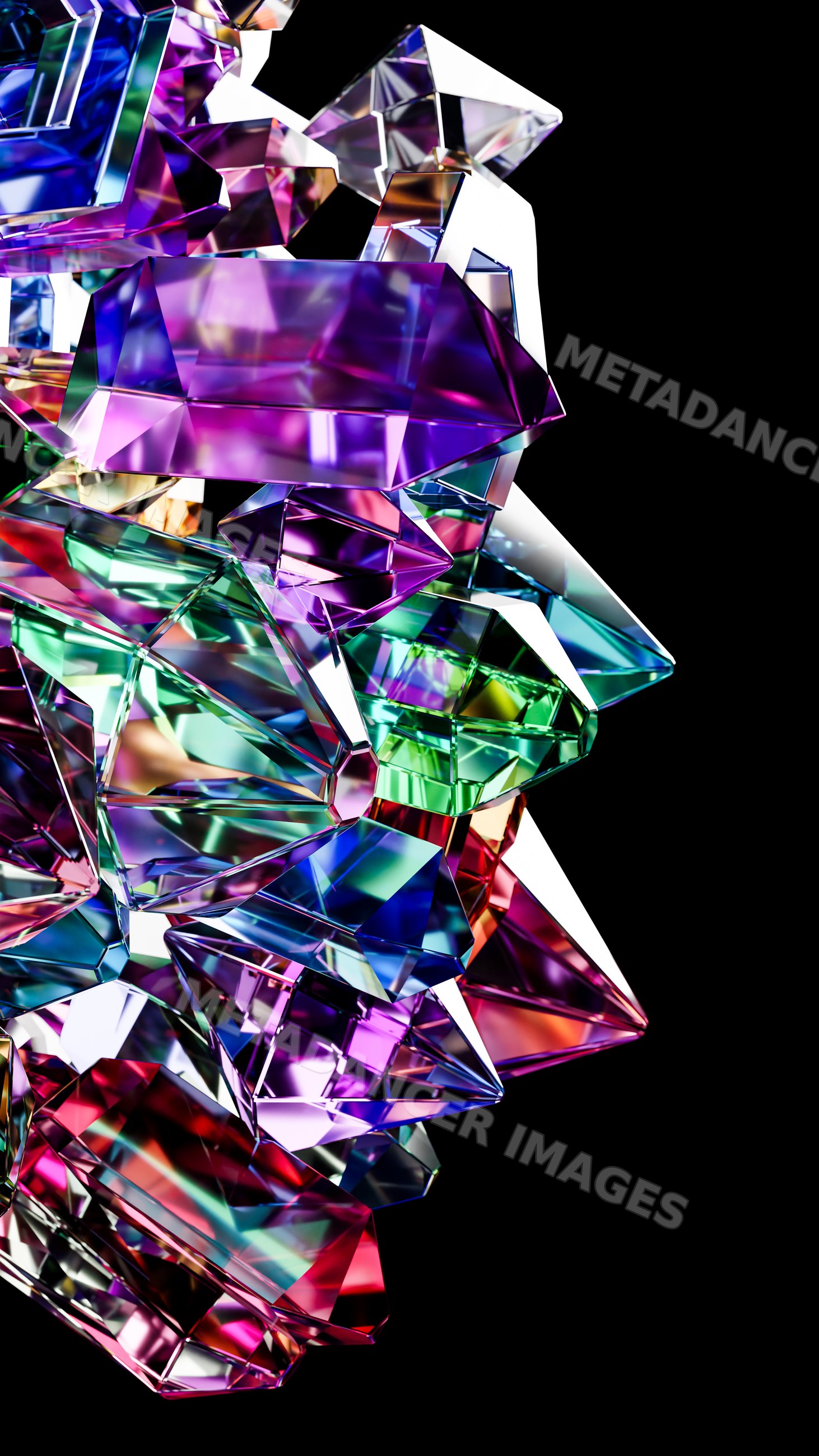 Multicolored transparent faceted crystals in digital 3d illustration