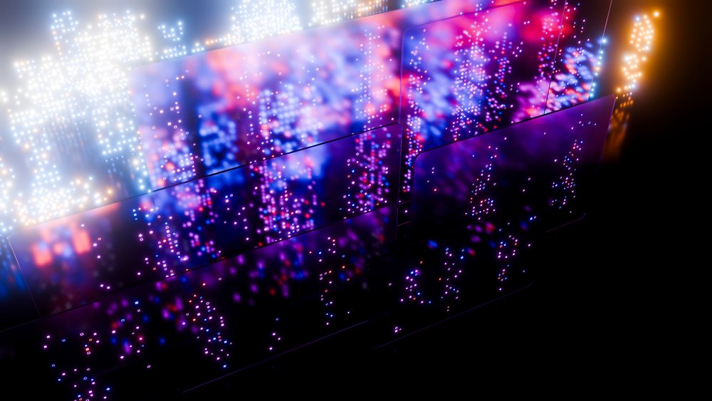 Floating digital screens with glowing colorful particles