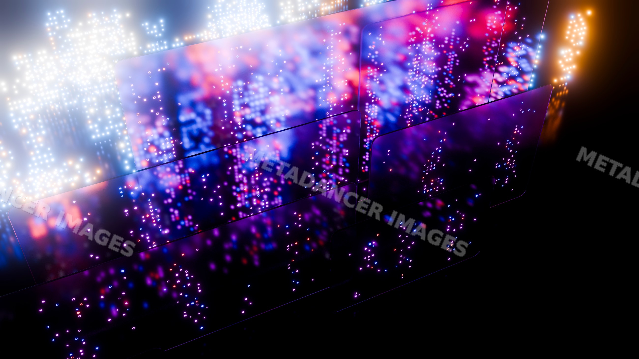 Floating digital screens with glowing colorful particles