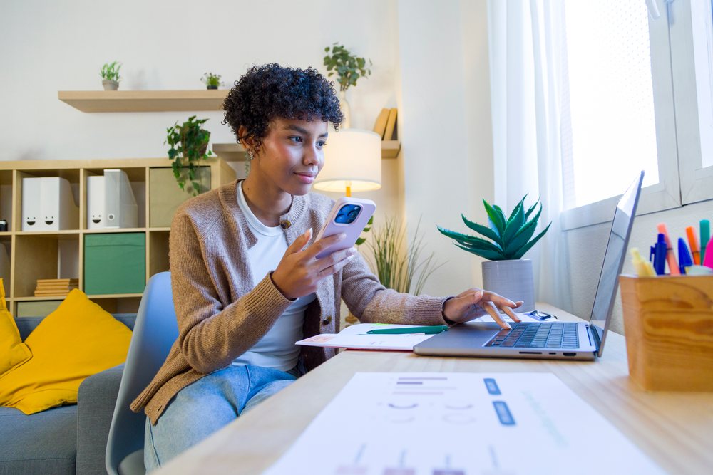 African American woman working remotely