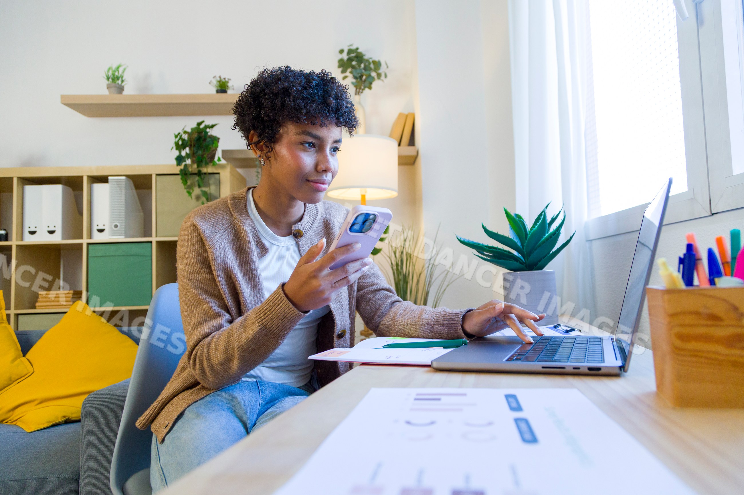 African American woman working remotely