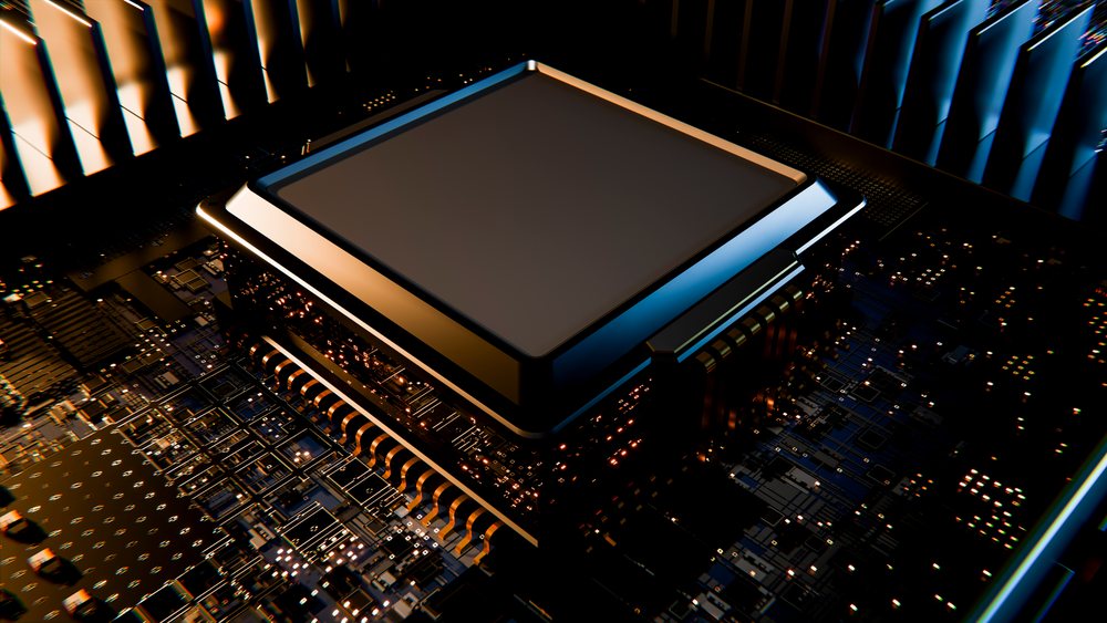 Close-up 3d render of a microchip on a circuit board