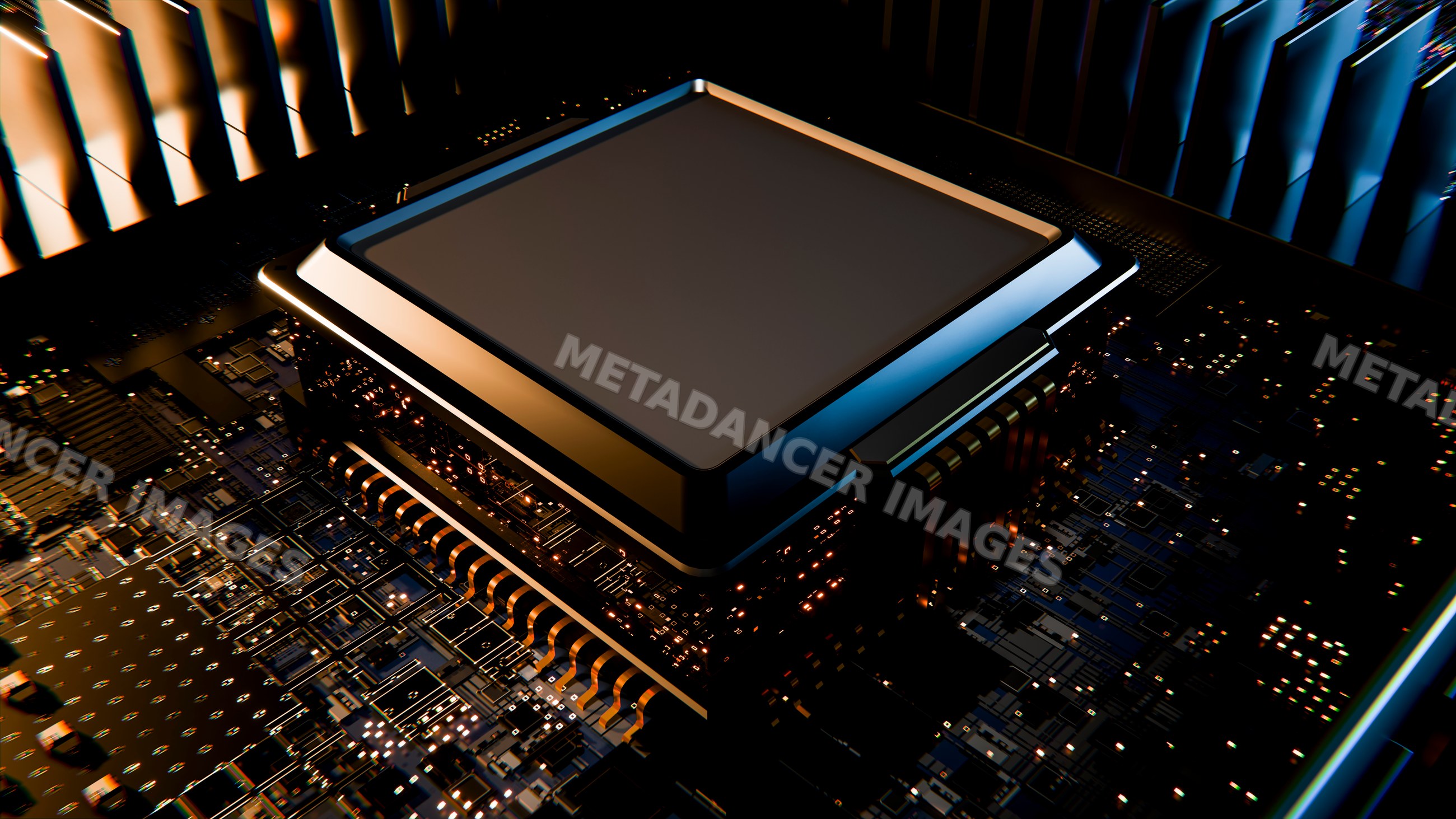 Close-up 3d render of a microchip on a circuit board