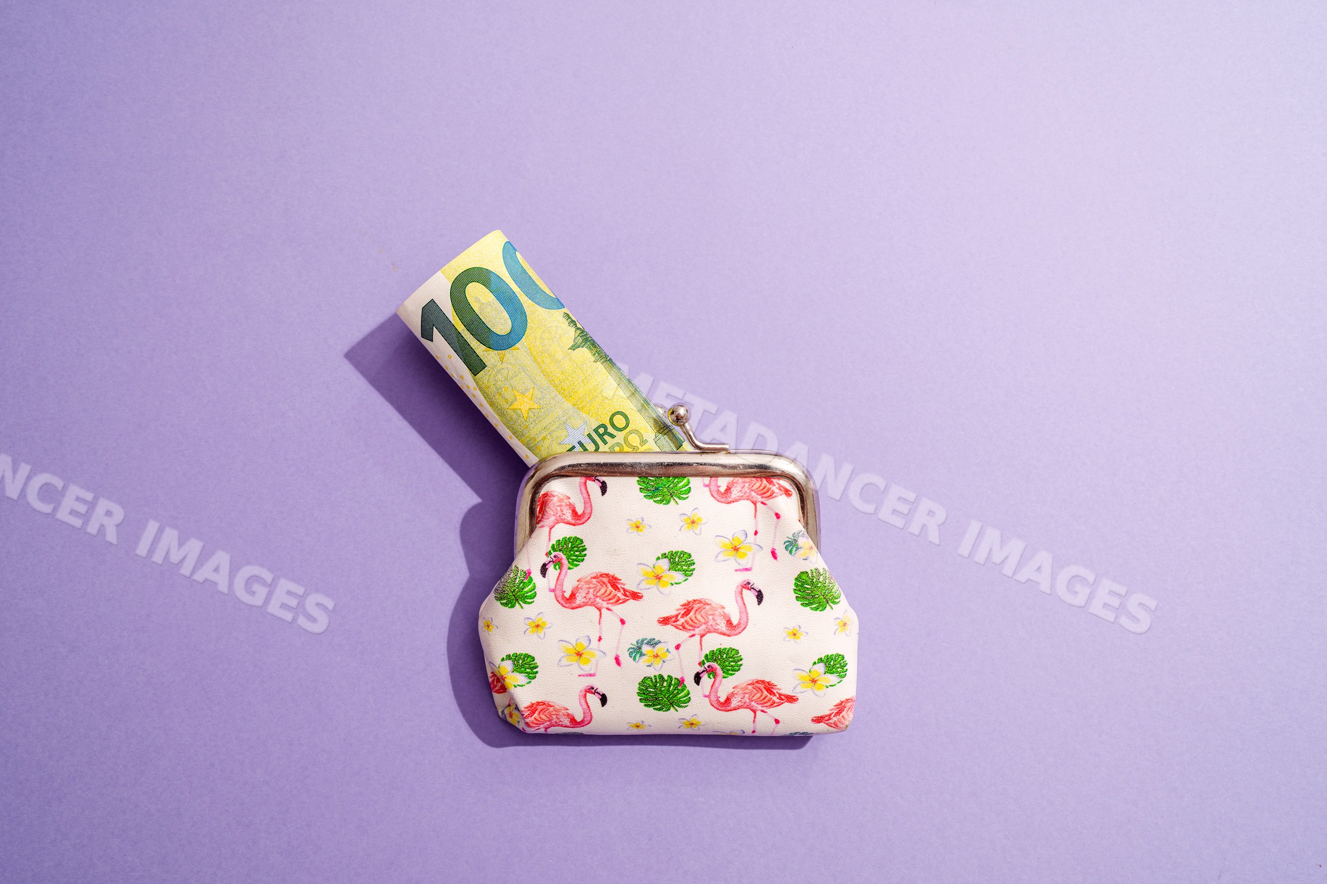 Coin purse with 100 euro banknote on purple studio background