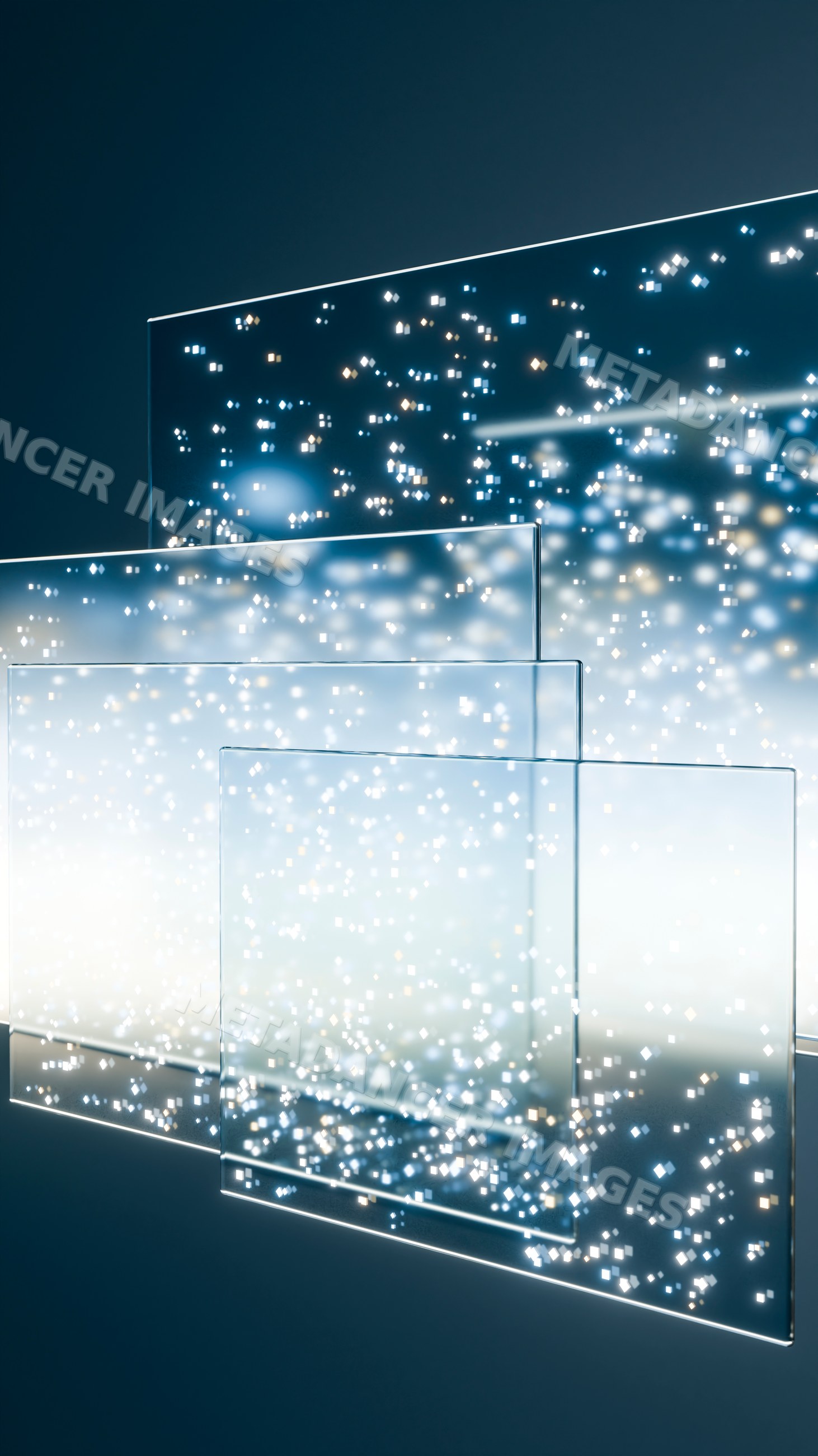 Floating transparent glass panels with glowing digital light particles