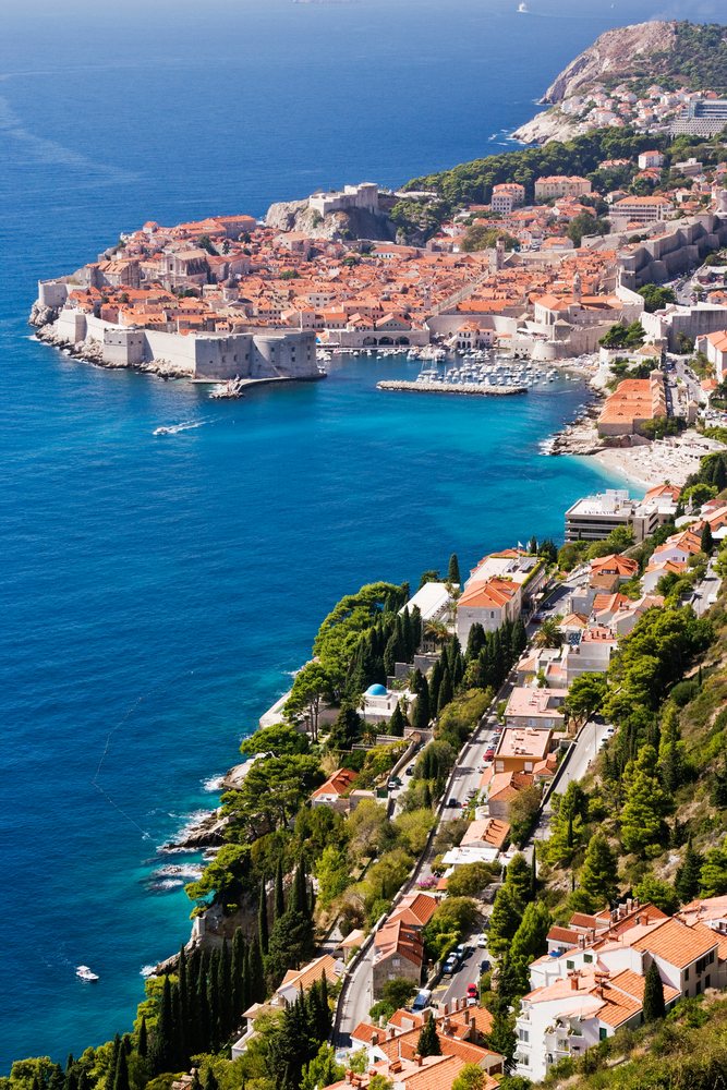 Old city of dubrovnik with fortified walls on adriatic sea coast