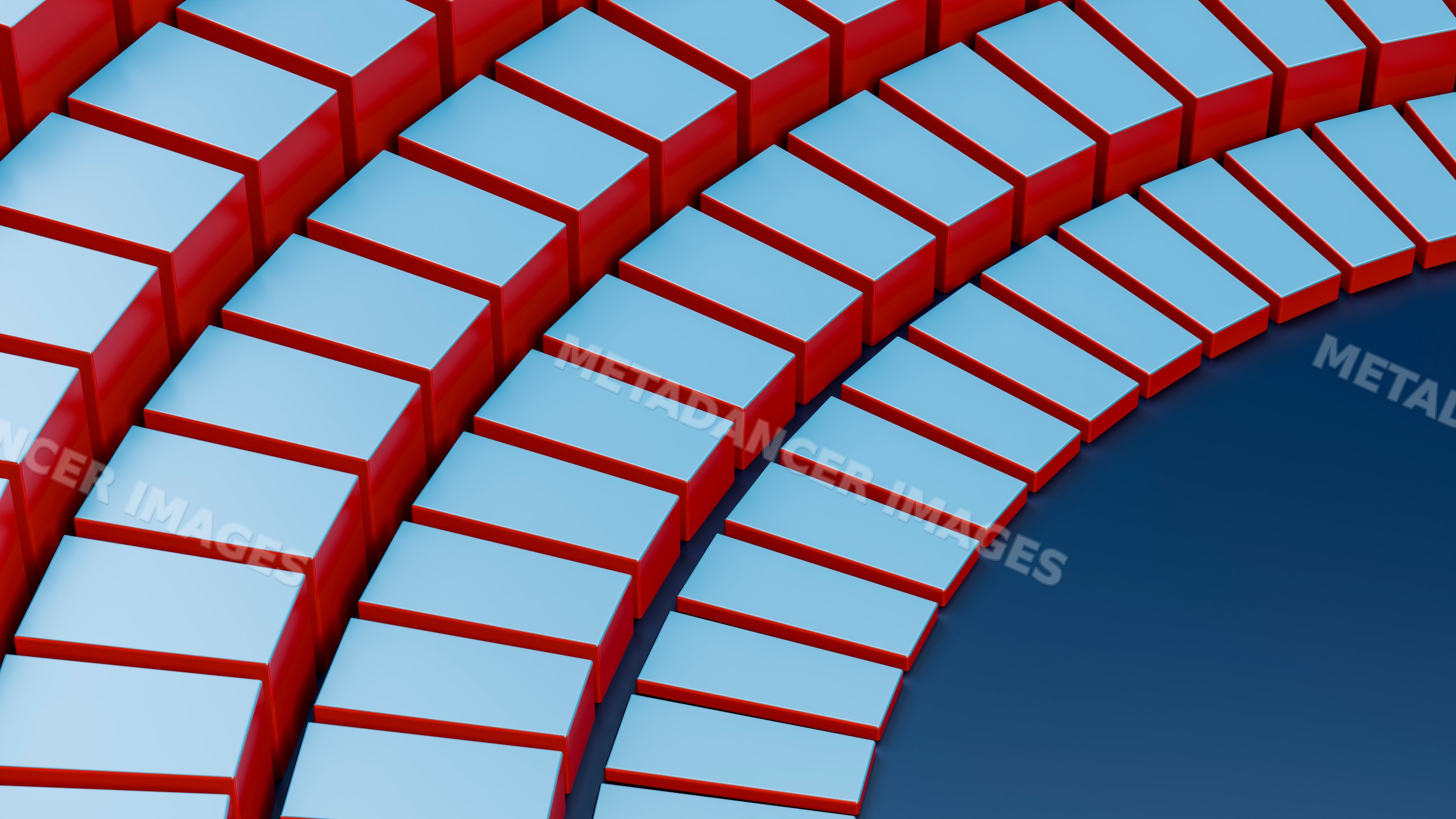 Curved rows of blue and red 3d blocks abstract pattern