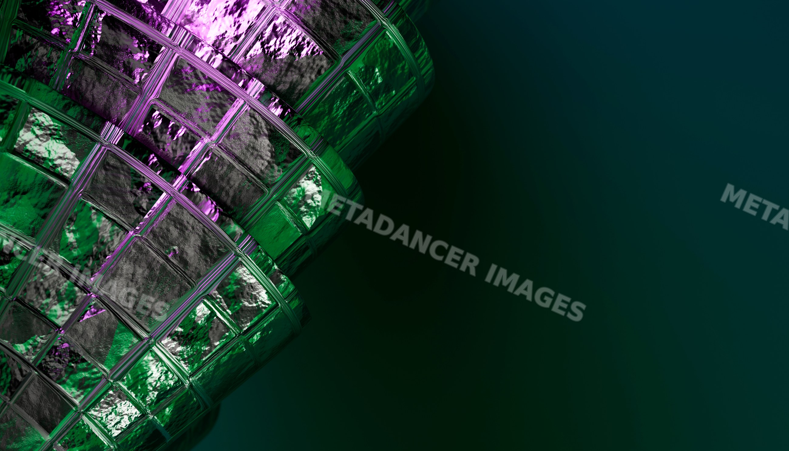 Glass tiles with green and purple textured reflections on dark