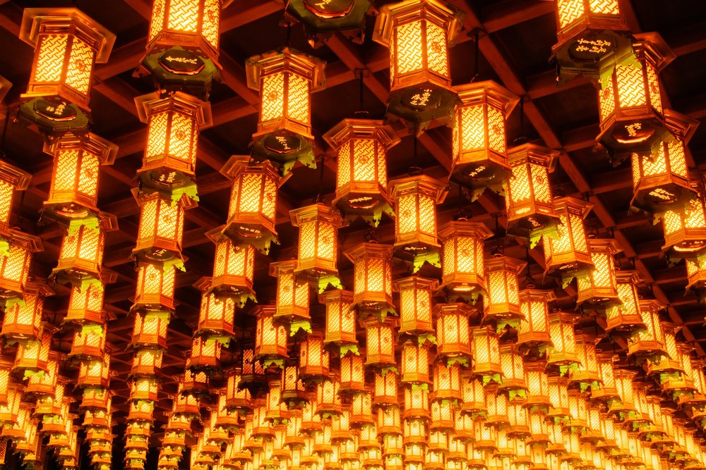 Lanterns hanging at hakkaku manpuku hall in daisho-in temple
