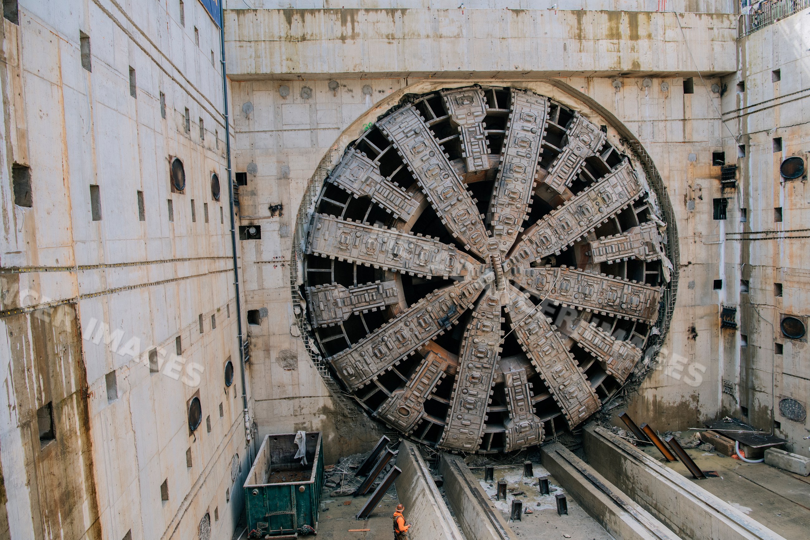 Tunnel boring machine at a deep excavation construction site