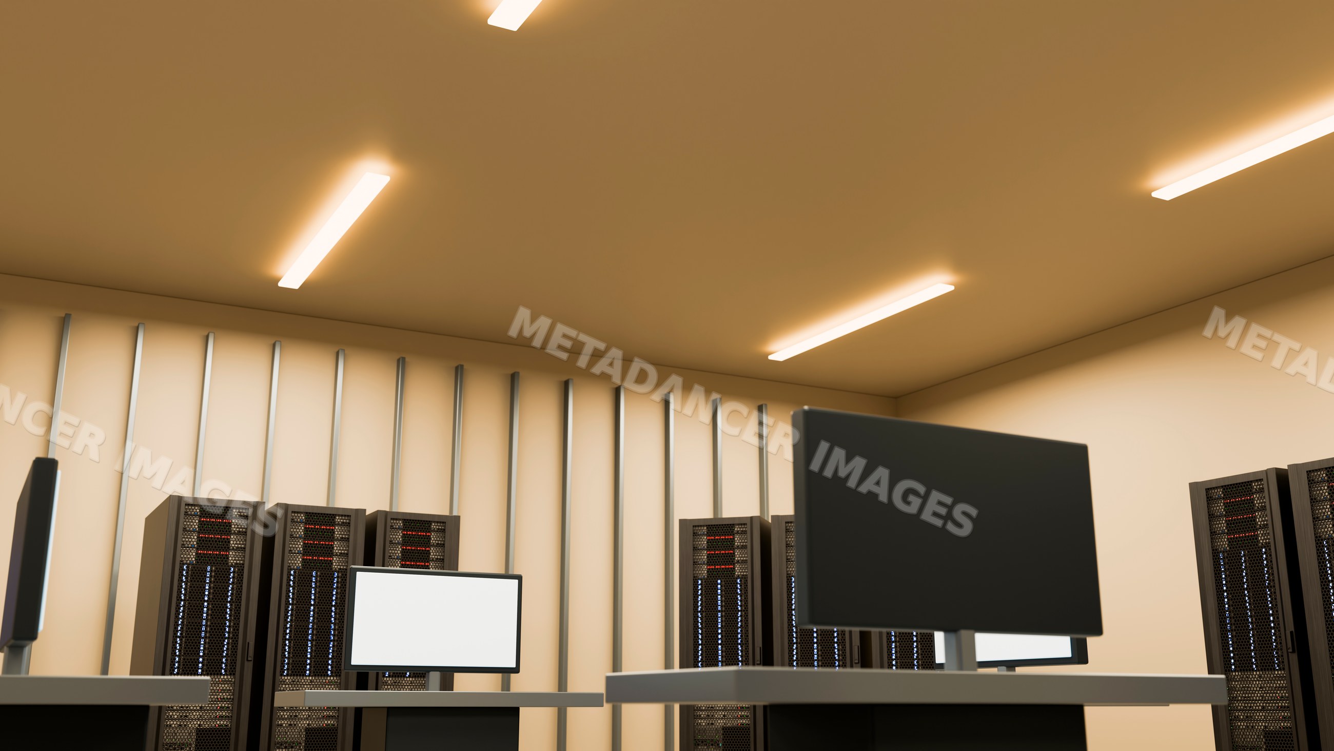 Computer monitors and server racks in data center room